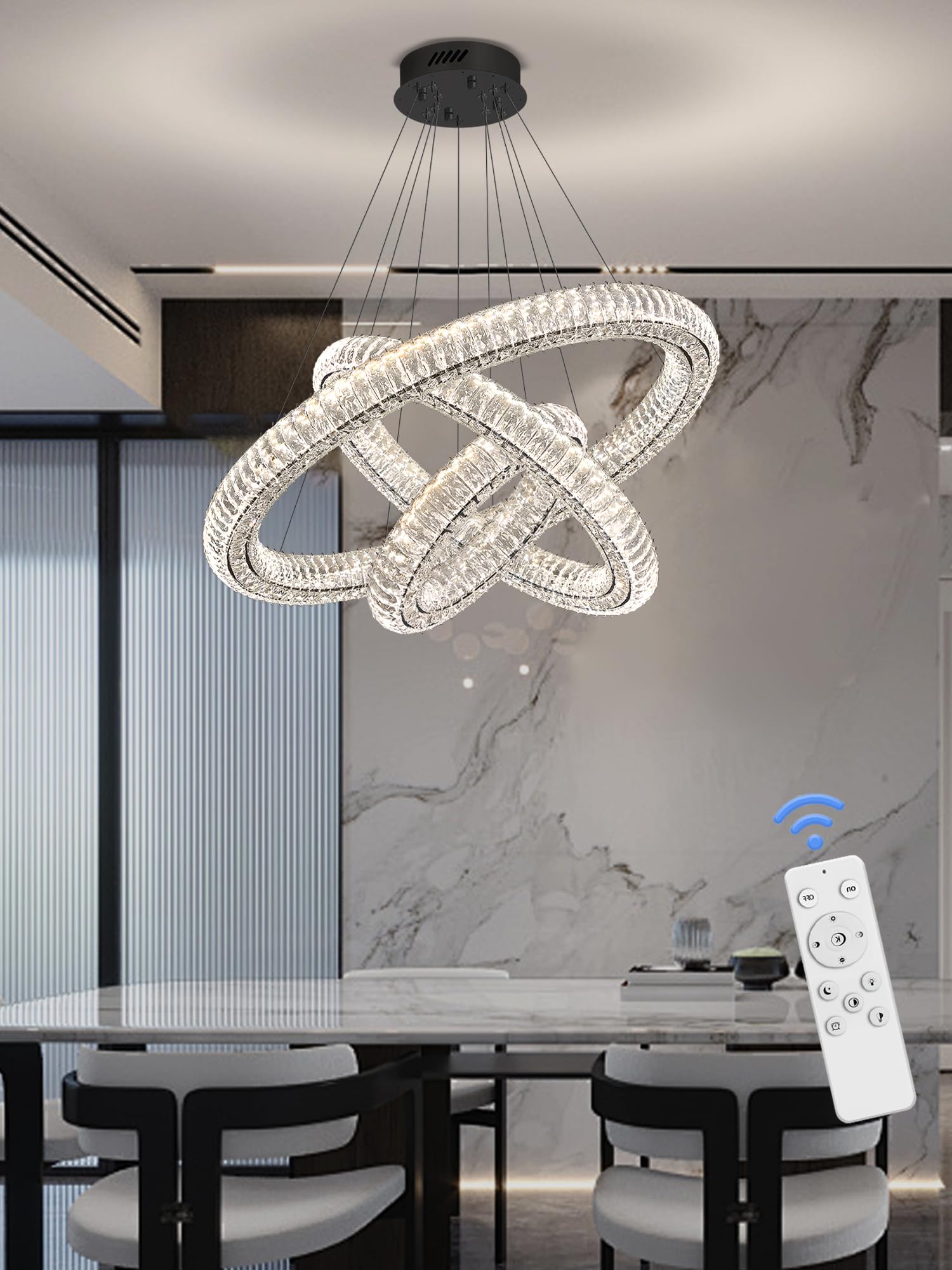Idequy 3 Rings Crystal Chandeliers For Living Room Black Chandelier High Ceiling Chandeliers For Foyer Led Dimmable3000-6000K D3