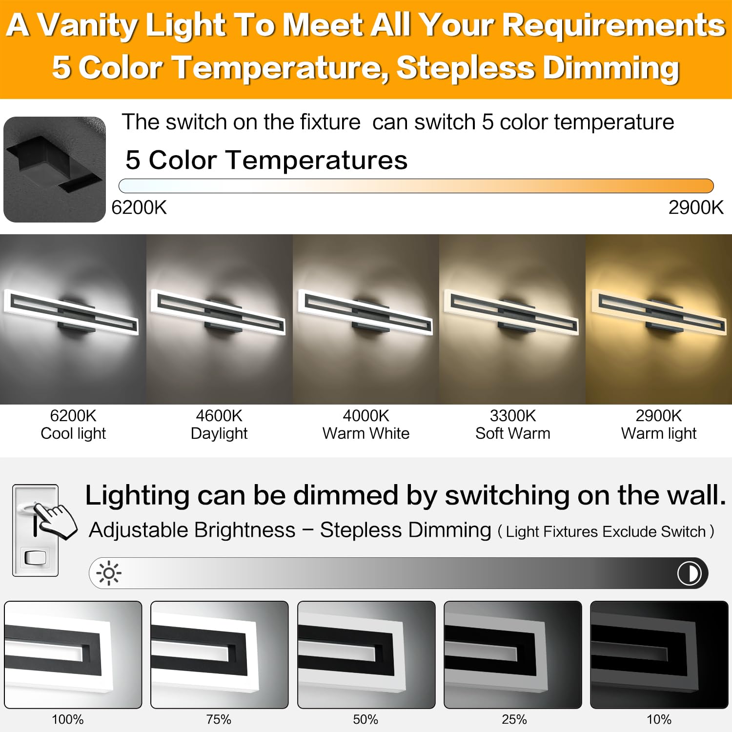 SOLFART 32 Inch LED Bathroom Light Fixture, Black, Adjustable 5 Color Temperature, Aluminum, Model S8300-810mm-6000K-5CCT