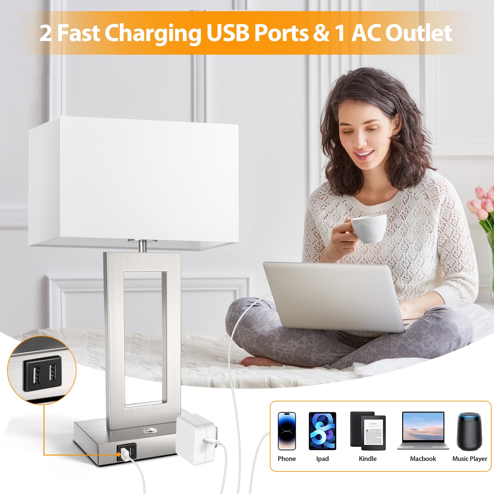 3 Color Temperatures Touch Control Table Lamps Set Of 2, Stepless Dimmable Bedside Lamps With 2 Usb Ports&Ac Outlet, Modern Nigh