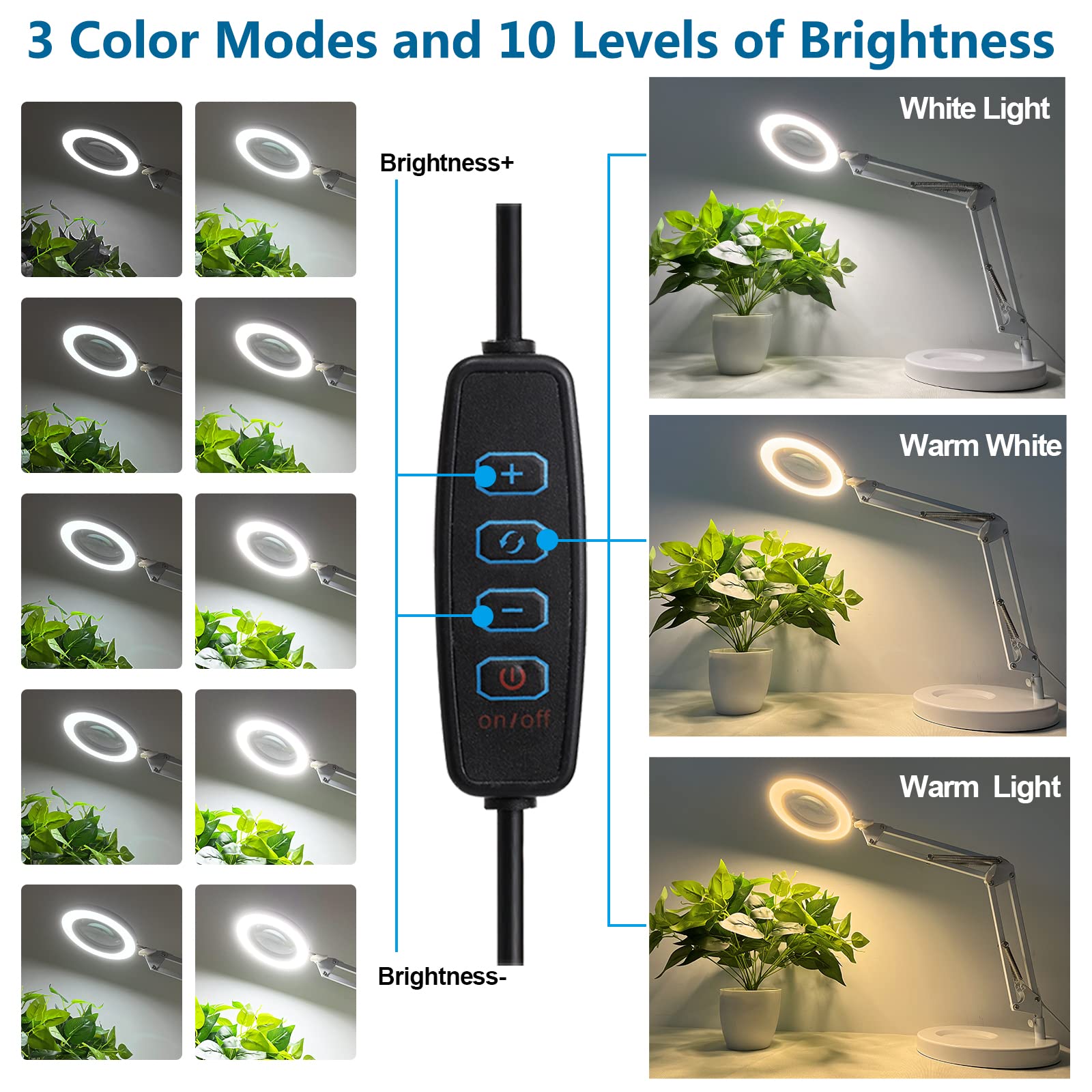 10X Magnifying Glass With Light, Hitti 1,800 Lumens Stepless Dimmable, 3 Color Modes, 4.2 Real Glass Lens Led Magnifying Desk Lamp & Clamp, Magnifier Light And Stand For Crafts Close Work-White