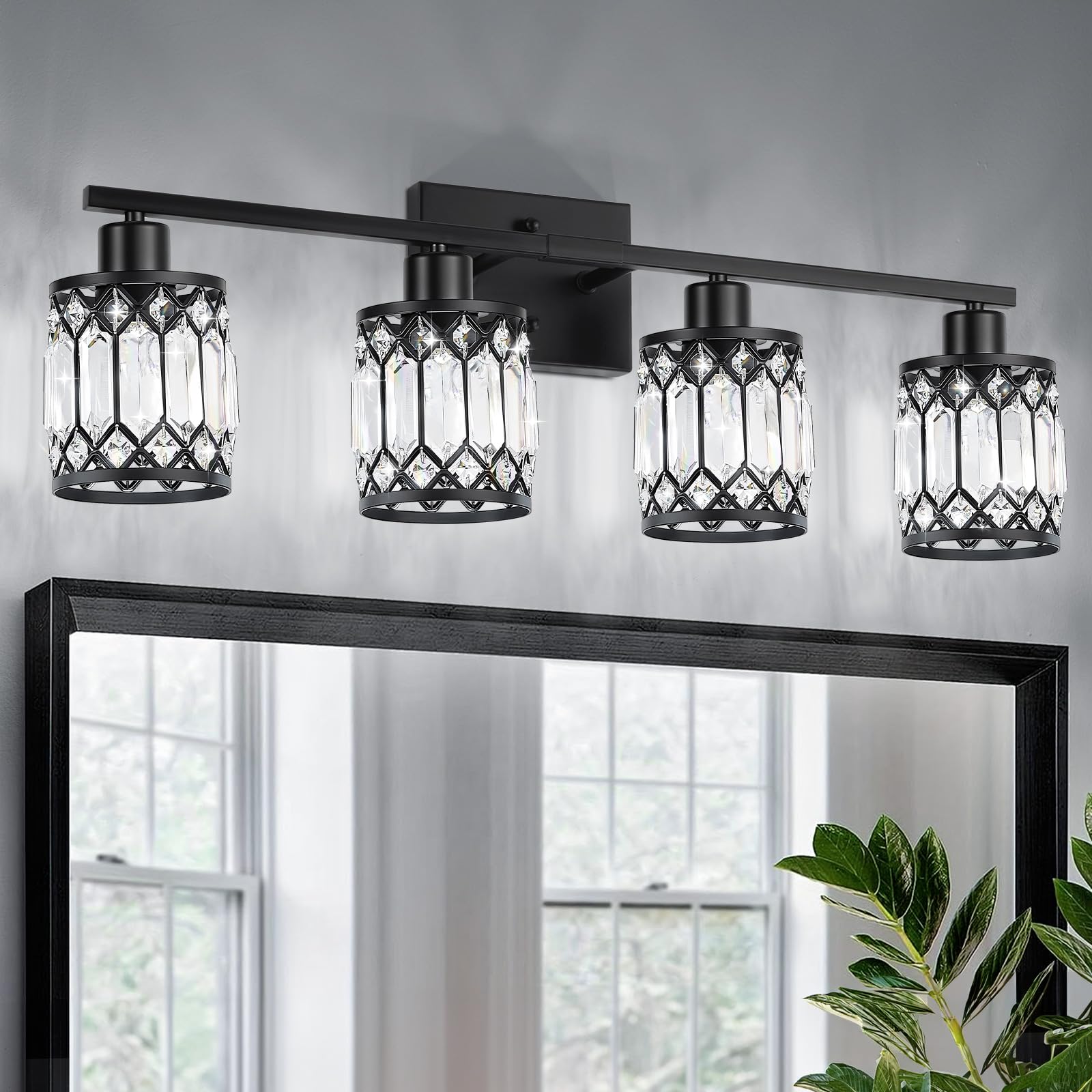 JZEKVN Crystal Modern Bathroom Light Fixtures, 4-Light Black Bathroom Vanity Wall Light, Vanity Lights for Mirror, Restroom, Bed