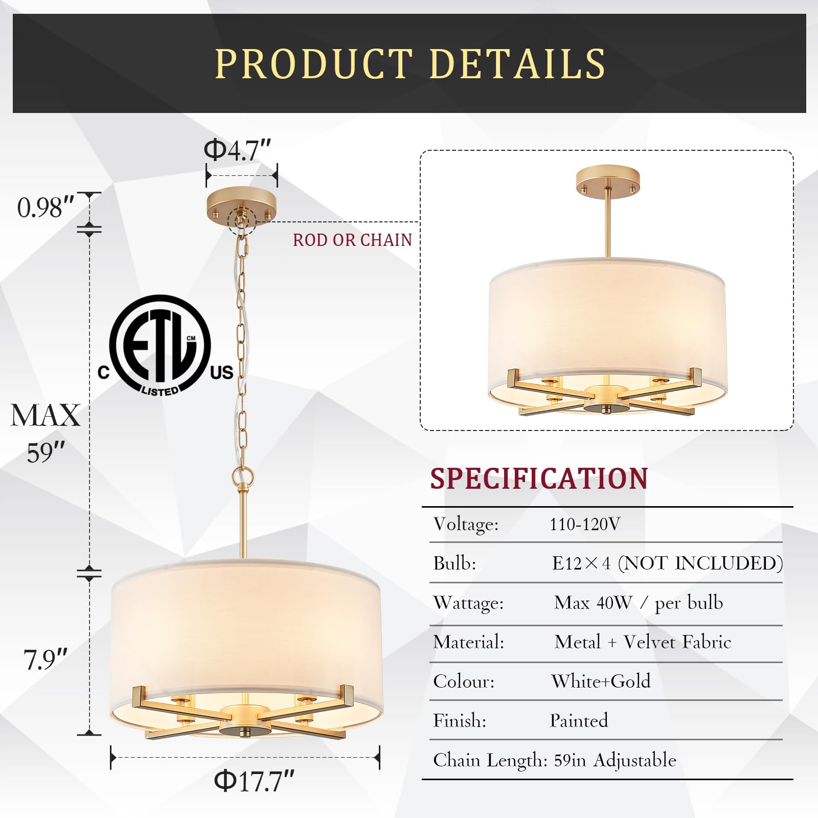 CATINER Modern Drum Chandelier, 18” White & Gold Pendant Light, 4 Lights, Fabric Shade, Semi Flush Mount for Dining Room & Bedroom