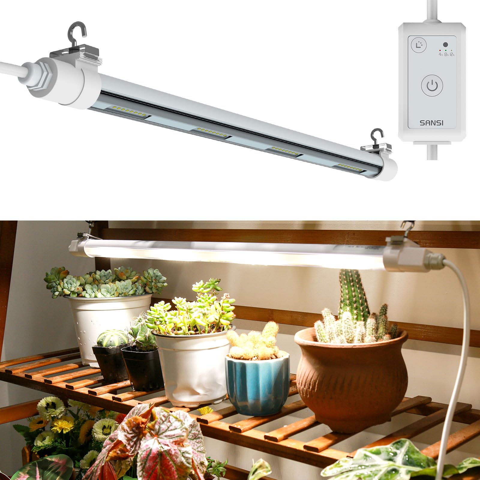 SANSI T8 Grow Lights for Indoor Plants, 2FT 4000K Full Spectrum, 25W (195W Equivalent) LED Grow Light Strips with 4-Level Dimmab
