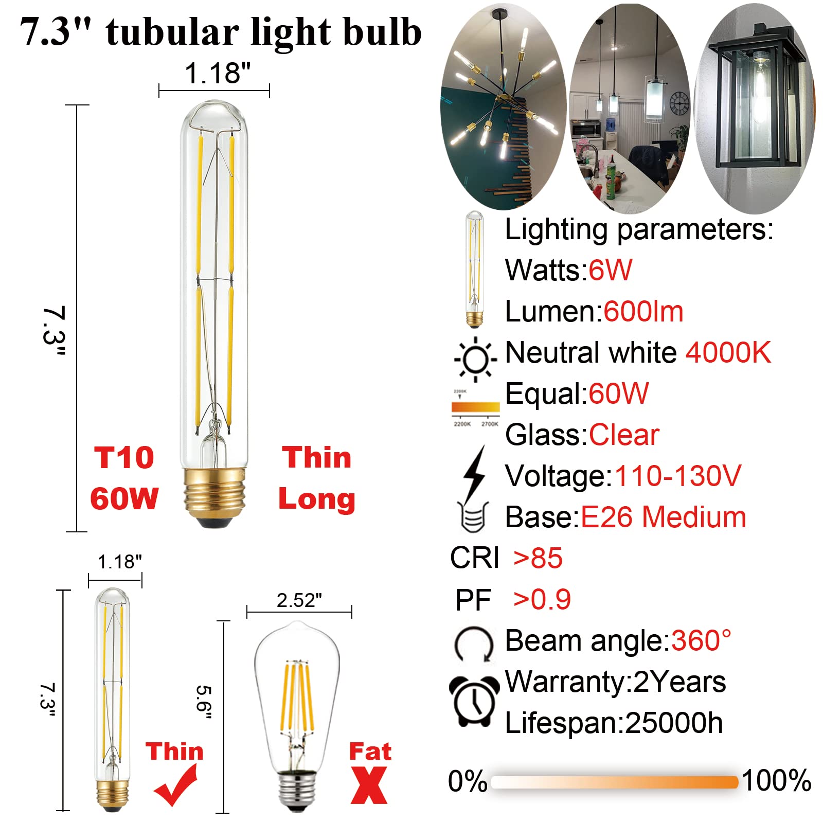 Litehistory T10 Led Bulb 6W Equal E26 Led Bulb 60 Watt Dimmable Neutral White 4000K E26 Edison Bulb Ac120V 600Lm Tubular Light Bulb T9 For Rustic Pendant,Island,Chandeliers,Wall Sconces Pack Of 6