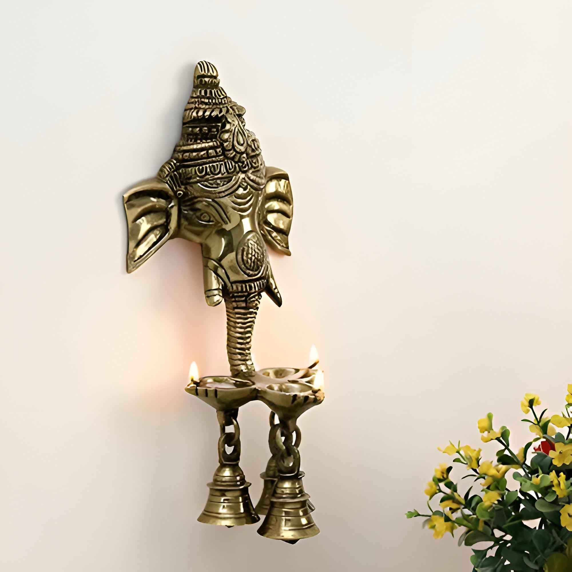 Metal Ganesha Wall Hanging Diya with Bells for Home Decor, Gold Metal Hanging Diyas Oil Lamp, Diwali Gifts, Diyas for Diwali, Gh