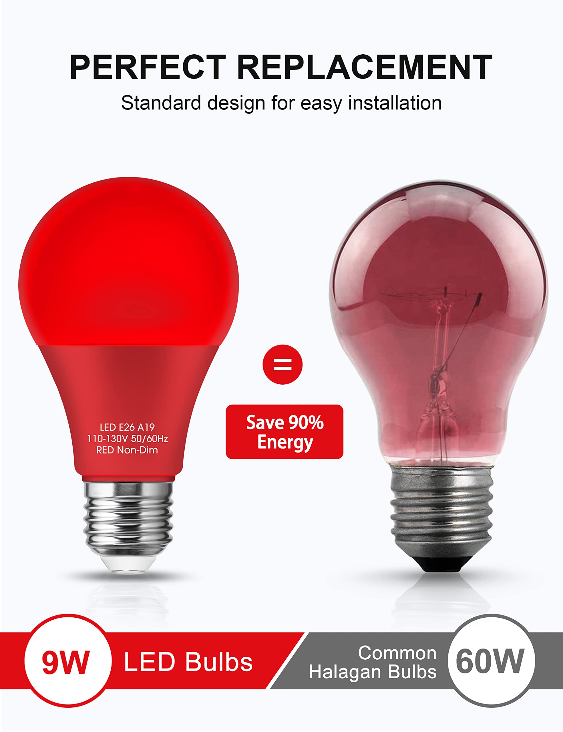 Red Light Bulbs [ 4 Pack] Christmas Light Bulbs 9W (60W Equivalent) A19 Led Red Light Bulbs Indoor/Outdoor, E26 Base Non-Dimmable,720Lm Porch Light, Led Light Bulb For Christmas Day Decorations