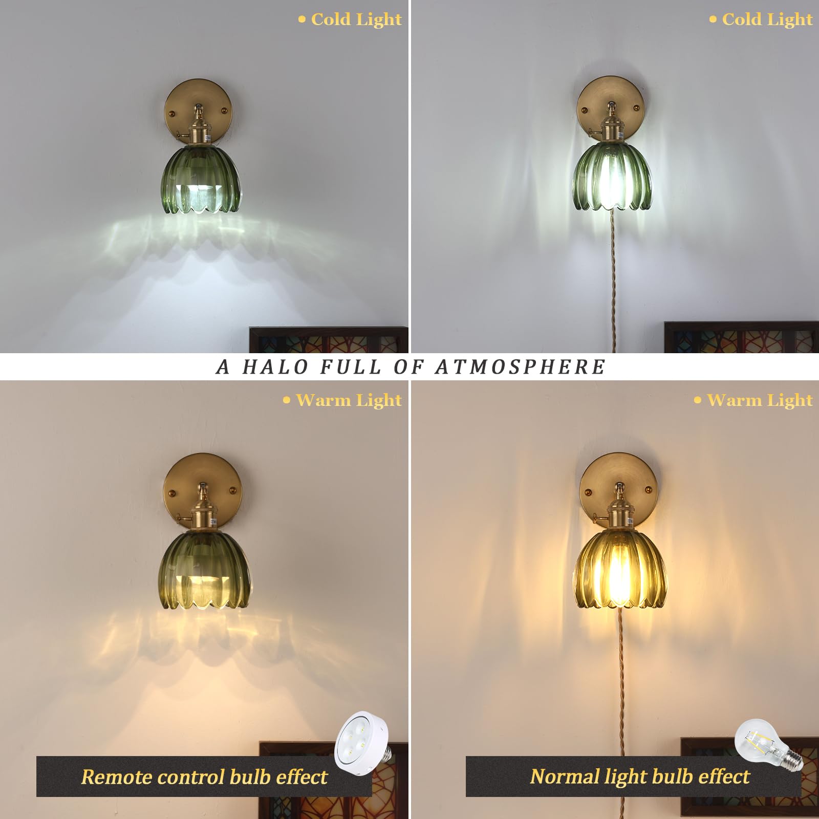 Shenmoyl Wall Sconce, Tulip Green Glass Lampshade, Plugin Model 1-9336, Ideal for Bedroom and Doorway Lighting
