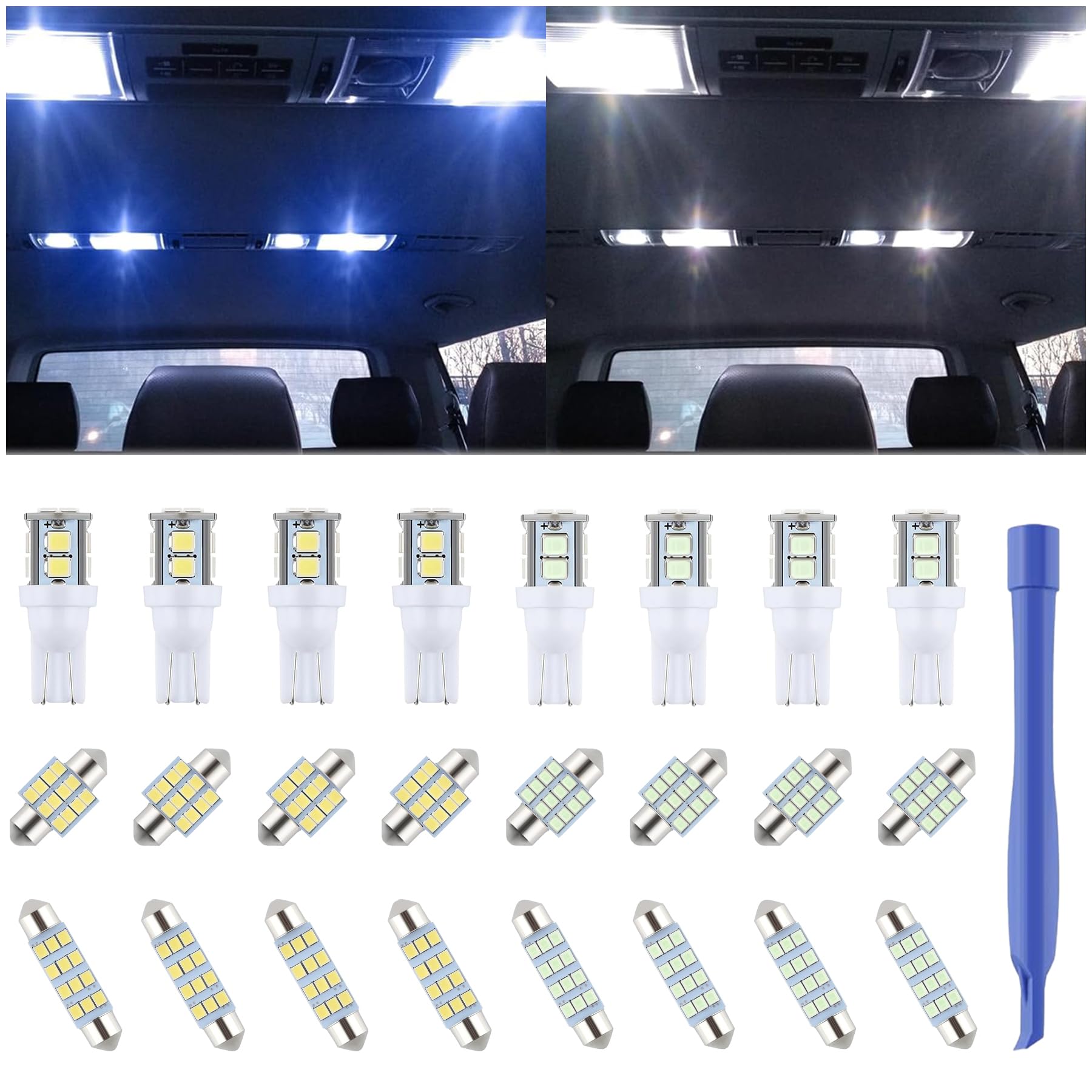 iFunyLED Dome Light LED Bulb Kit - 24 Pieces T10 DE3175 578 31mm 42mm - White+Ice Blue Interior Replacement Lights for Car