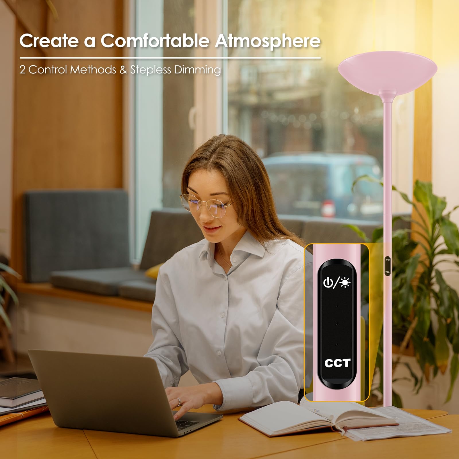 Bricosmocon Dimmable Floor Lamp, 30W 3000LM LED Torchiere, 71" Tall, Pink, Remote & Touch Control, Model F0513