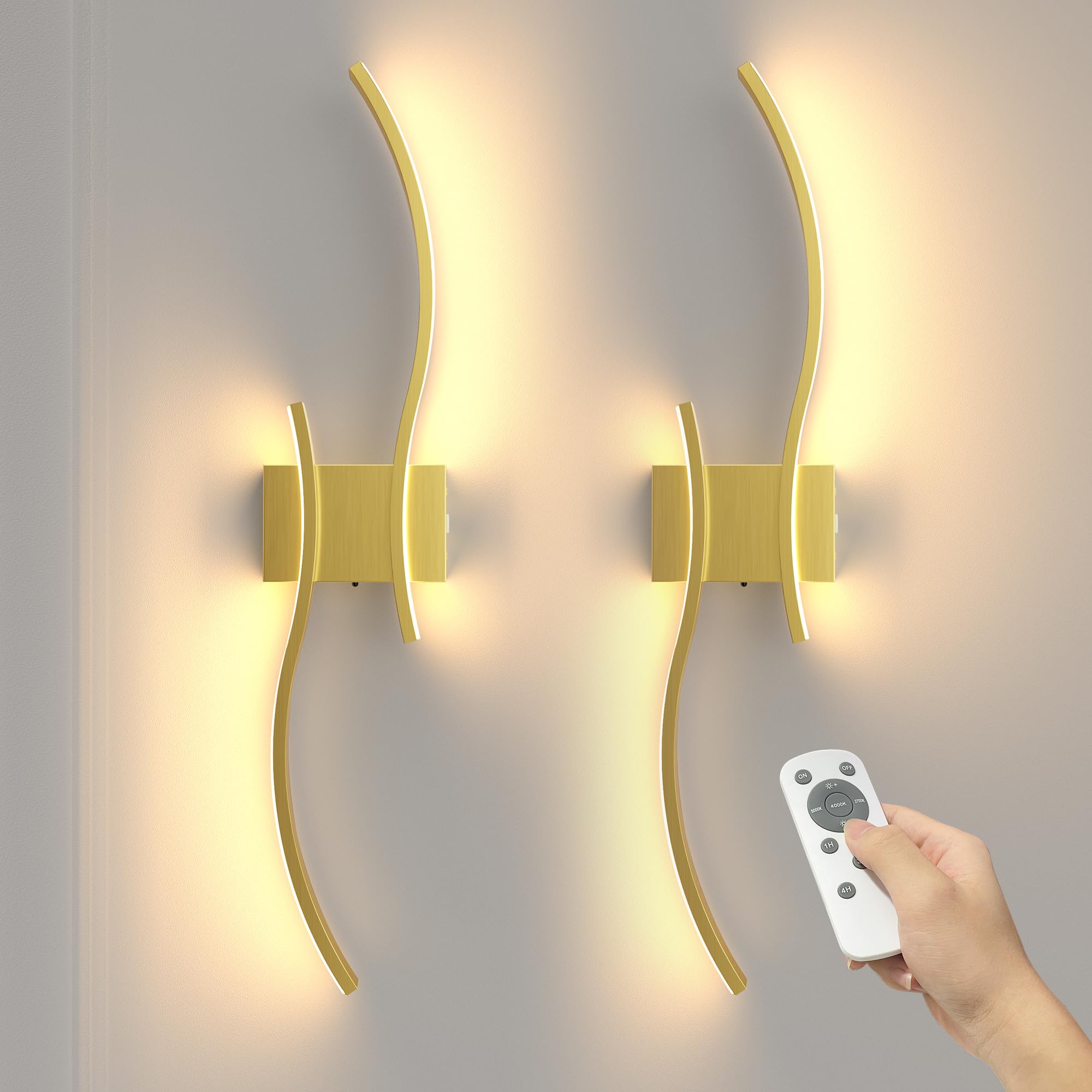 NIORSUN 27.6 Inch Battery Operated Wall Sconce Set of 2  Gold Modern Rechargeable Wall Lights with Remote  3CCT Dimmable Wireless Wall Lamp for Living Room Bedroom Hallway