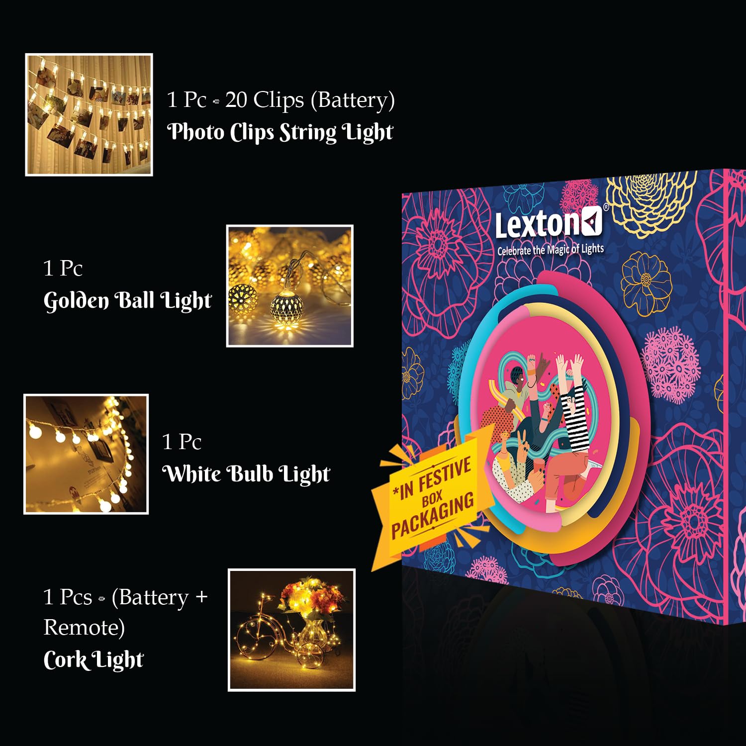 Lexton Combo of 1Pcs White Bulb Light | 1 Golden Ball Light | 1Pcs Copper Light Powered by Battery Box & Remote | 1 Battery Powe