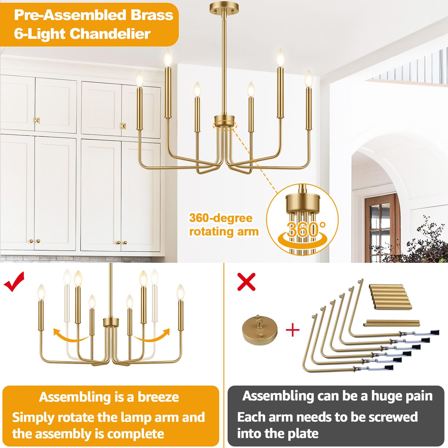 Brass Chandelier, 6-Light Farmhouse Chandelier For Dining Room Lighting Fixtures Hanging, Vintage Candle Pendant Light Fixtures