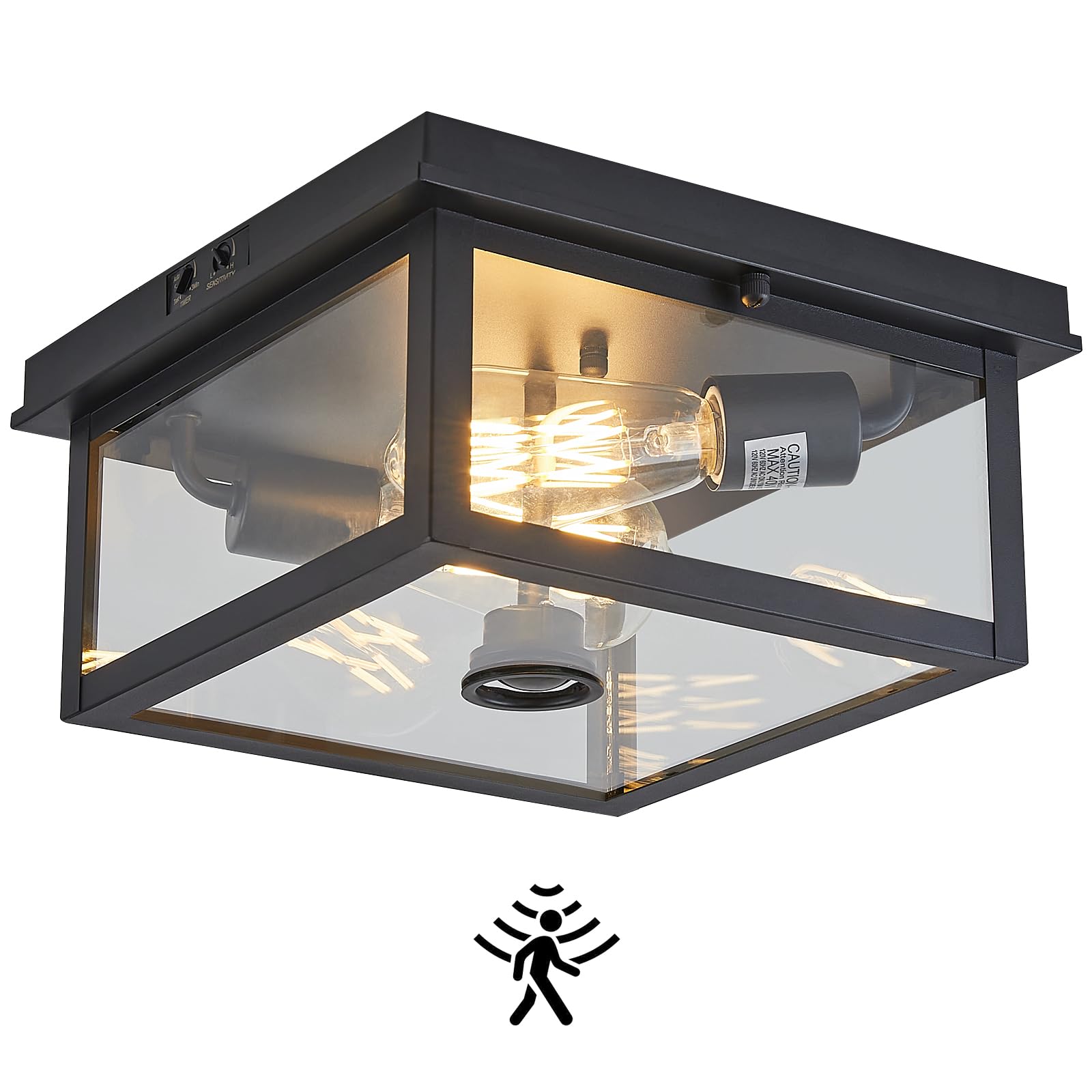 Tarentlight Adjustable Motion Sensor Ceiling Light Fixture Outdoor Modern Design Of Squares Flush Mount 2-Light Textured Black With Clear Glass For Your Porch,Garage,Patio,Hallway,Front And Back Yards