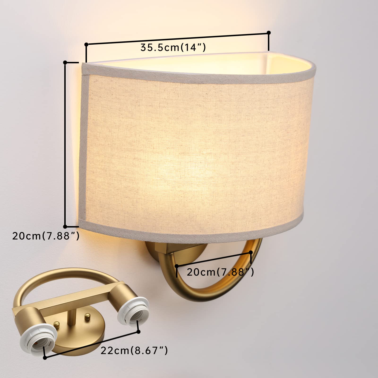 JIMUBEAM Industrial 2-Lights Wall Sconce, Brass Metal with Linen Fabric Shade, Model JMUS829DM2 for Hallway, Bedroom, Living Room, Bathroom