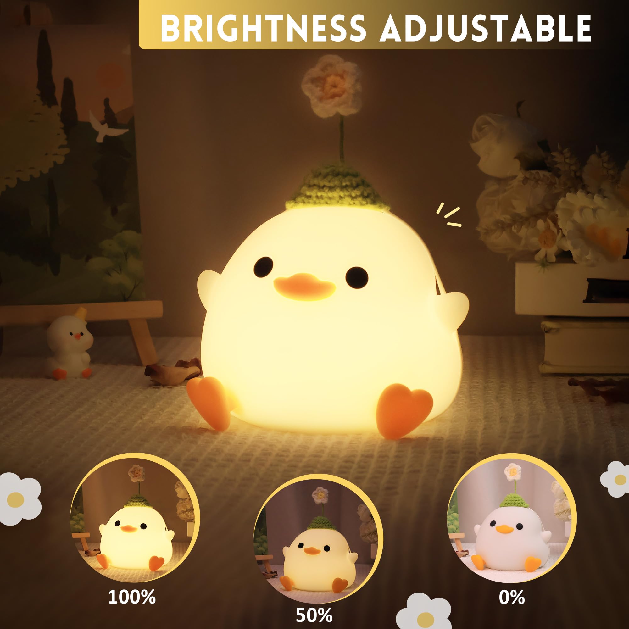Okayera Dodo Duck Night Light, Cute Flower Duck, Dodo Duck Nursery Night Light, Portable Usb Rechargeable Timer Dimmable, Silico