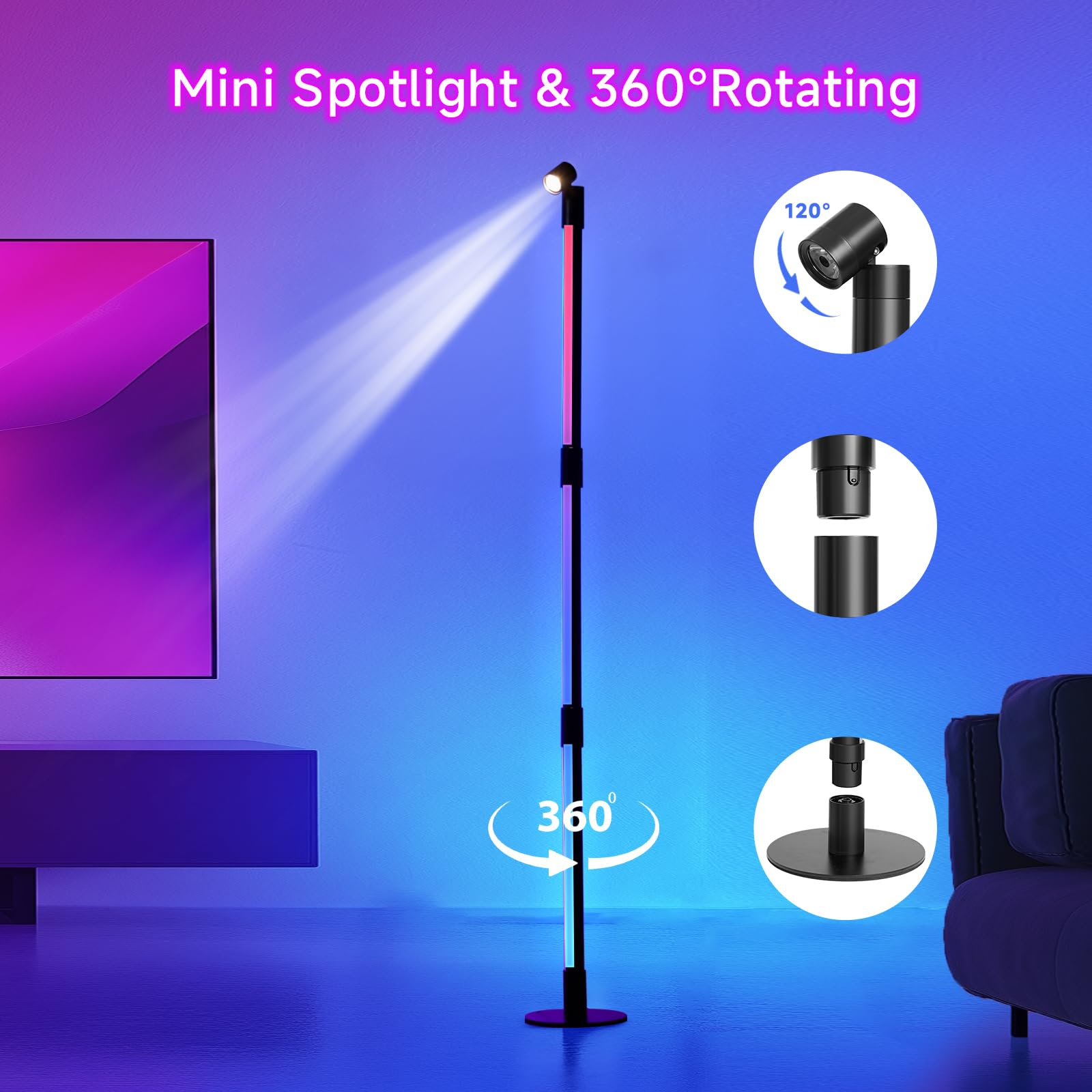 Sanben Corner Floor Lamp - Black Rgb Led Floor Lamp With Music Sync And 16 Million Diy Colors, App & Remote Control, Color Changing Modern Smart Corner Lamp For Bedroom Living Room
