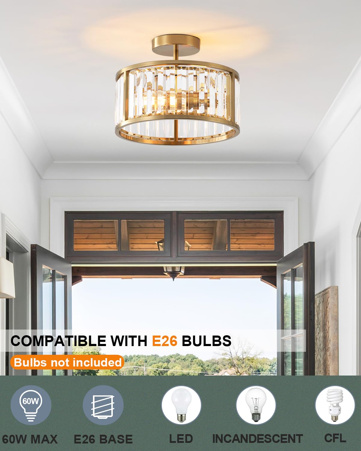 Lhlyclx Brass Gold 2-Light Caged Crystal Flush Mount Ceiling Light - Small Drum Fixture