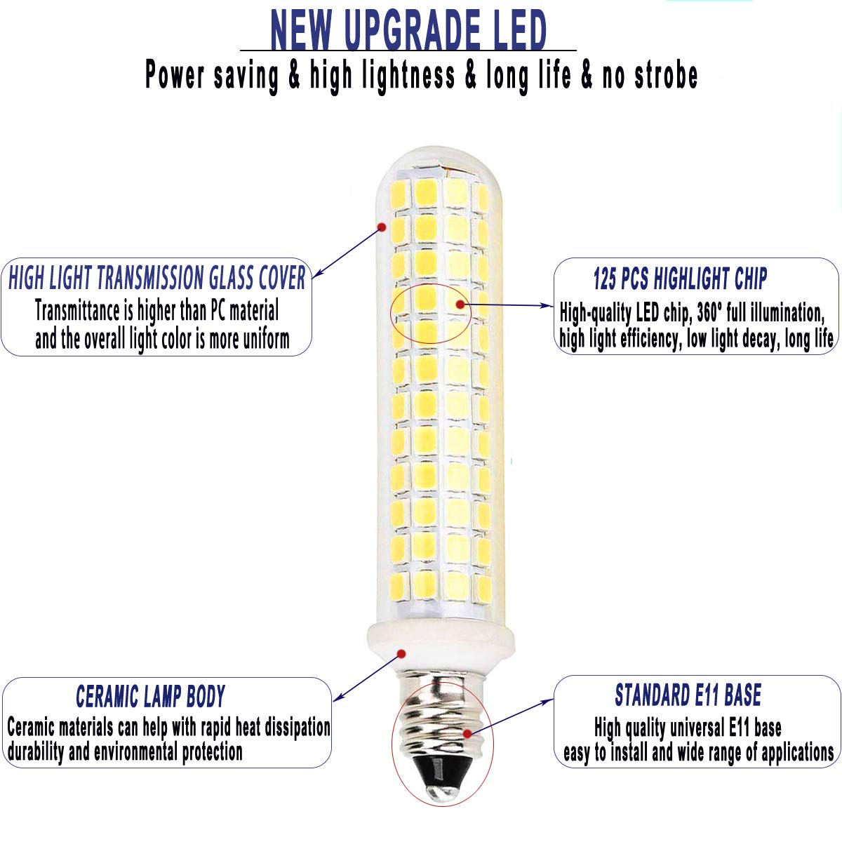 QHD E11 LED Bulbs, 10W Dimmable, 1100LM, Mini Candelabra Base, 6000K, 4 Count, White