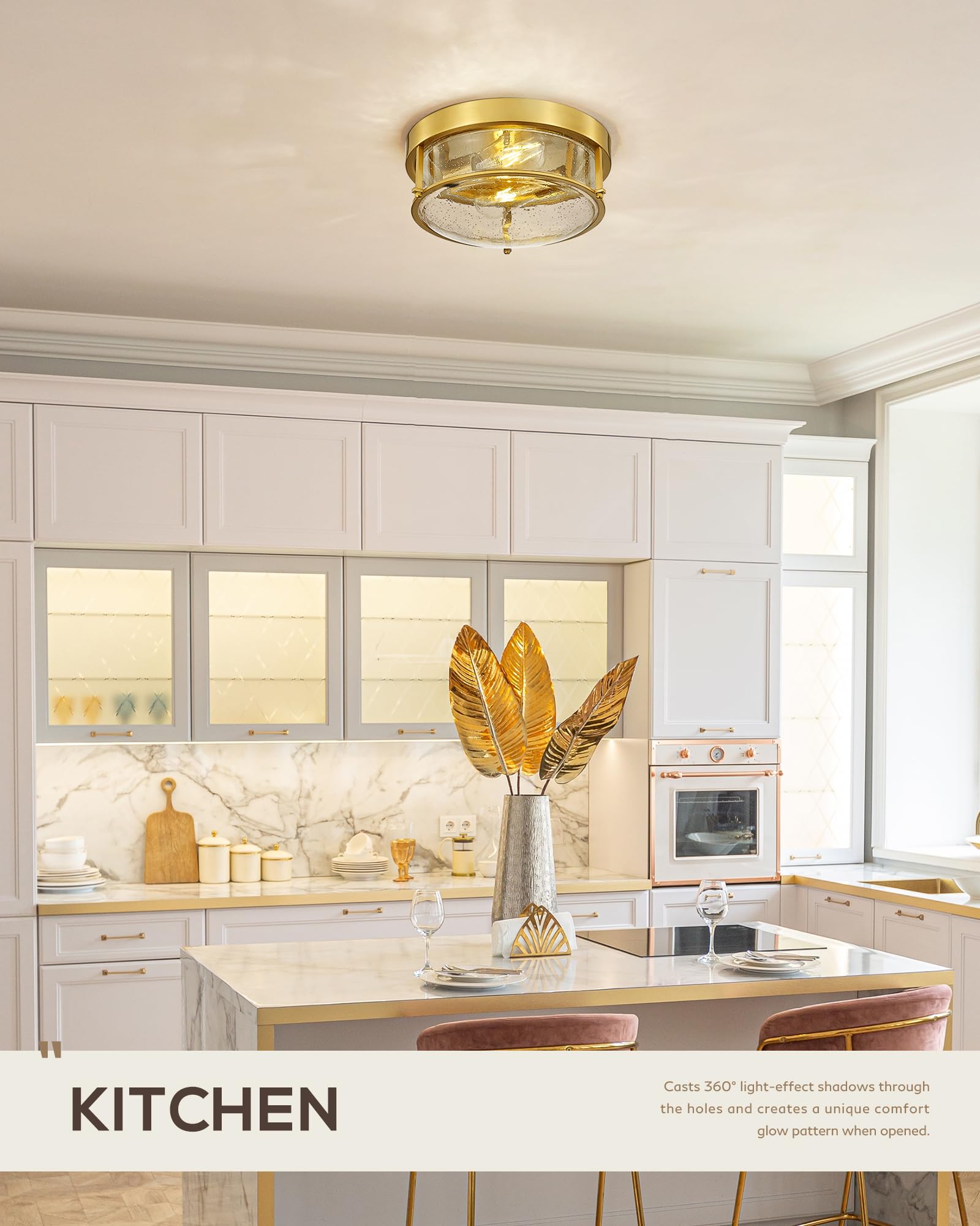 FEMILA 12in Ceiling Light Fixture, 2-Light Flush Mount, Brass Gold Finish, Seeded Glass, Model 4FTJ22-F BG