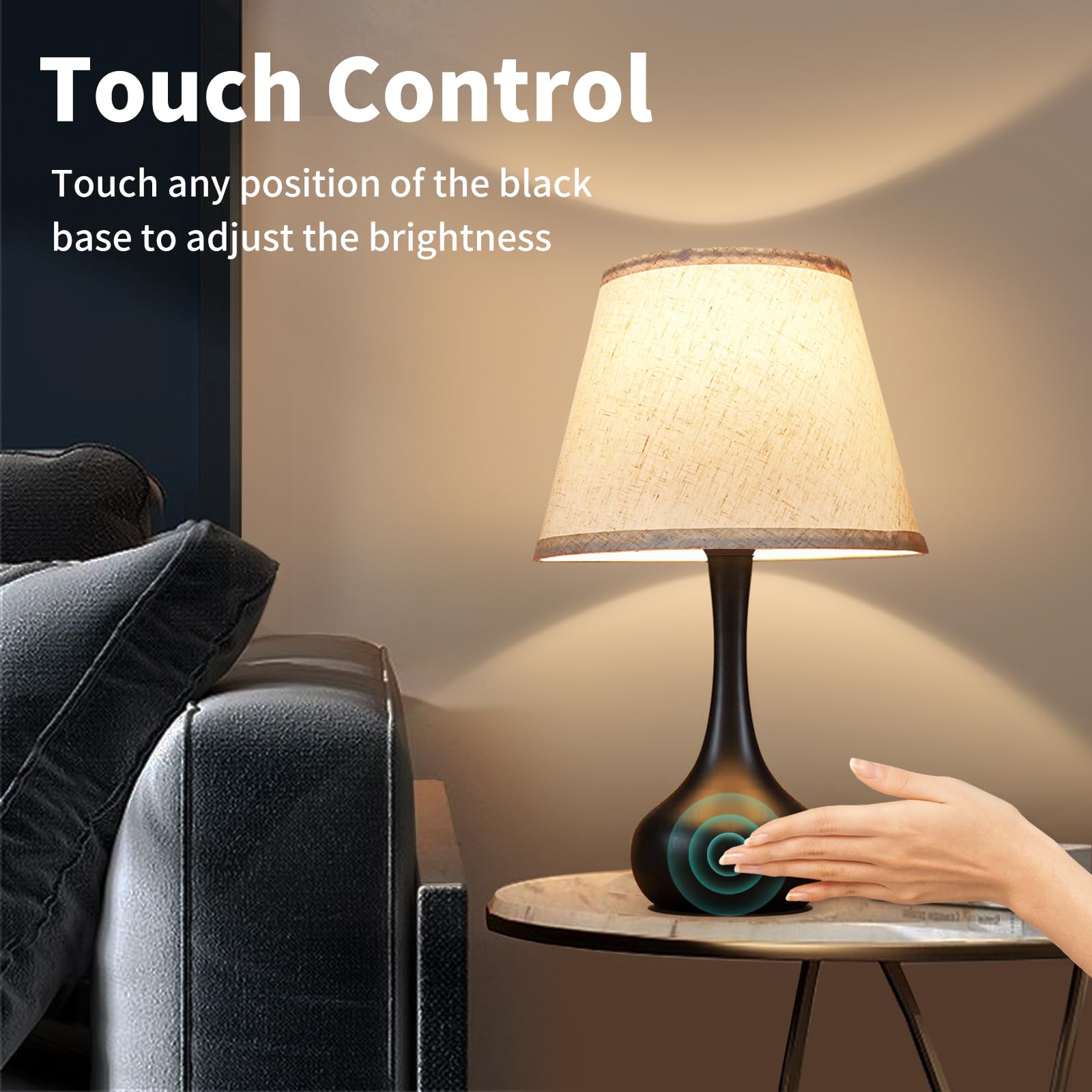 ONEWISH Touch Bedside Lamp - 3-Way Dimmable Farmhouse Table Lamp for Bedroom, Non-USB, Fabric Shade, Model TAB093CAC
