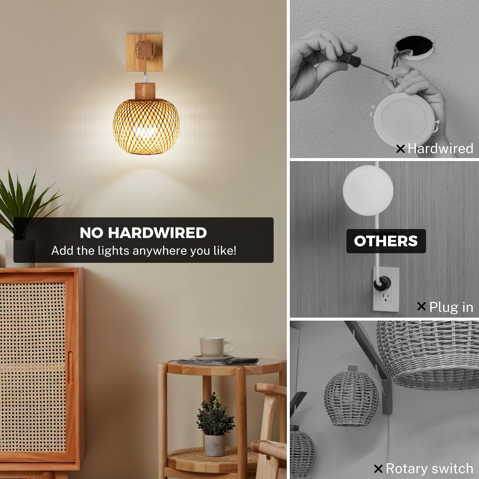 Glitnous Wall Sconces Set of Two, Battery Operated Rattan Lanterns, Wireless Light for Bedroom, Wood-Brown Rattan, Model BLA01245901