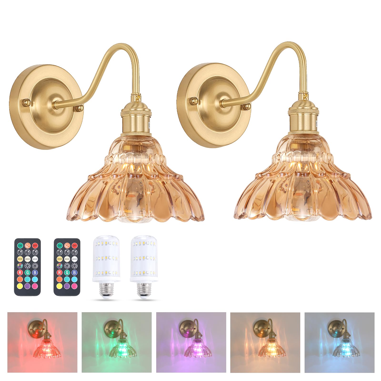 Shenmoyl Battery Operated Wall Sconce Set of 2, Vintage Amber Lily Glass Shade, Wireless Indoor Lamp, Model 1-93759-wlamp