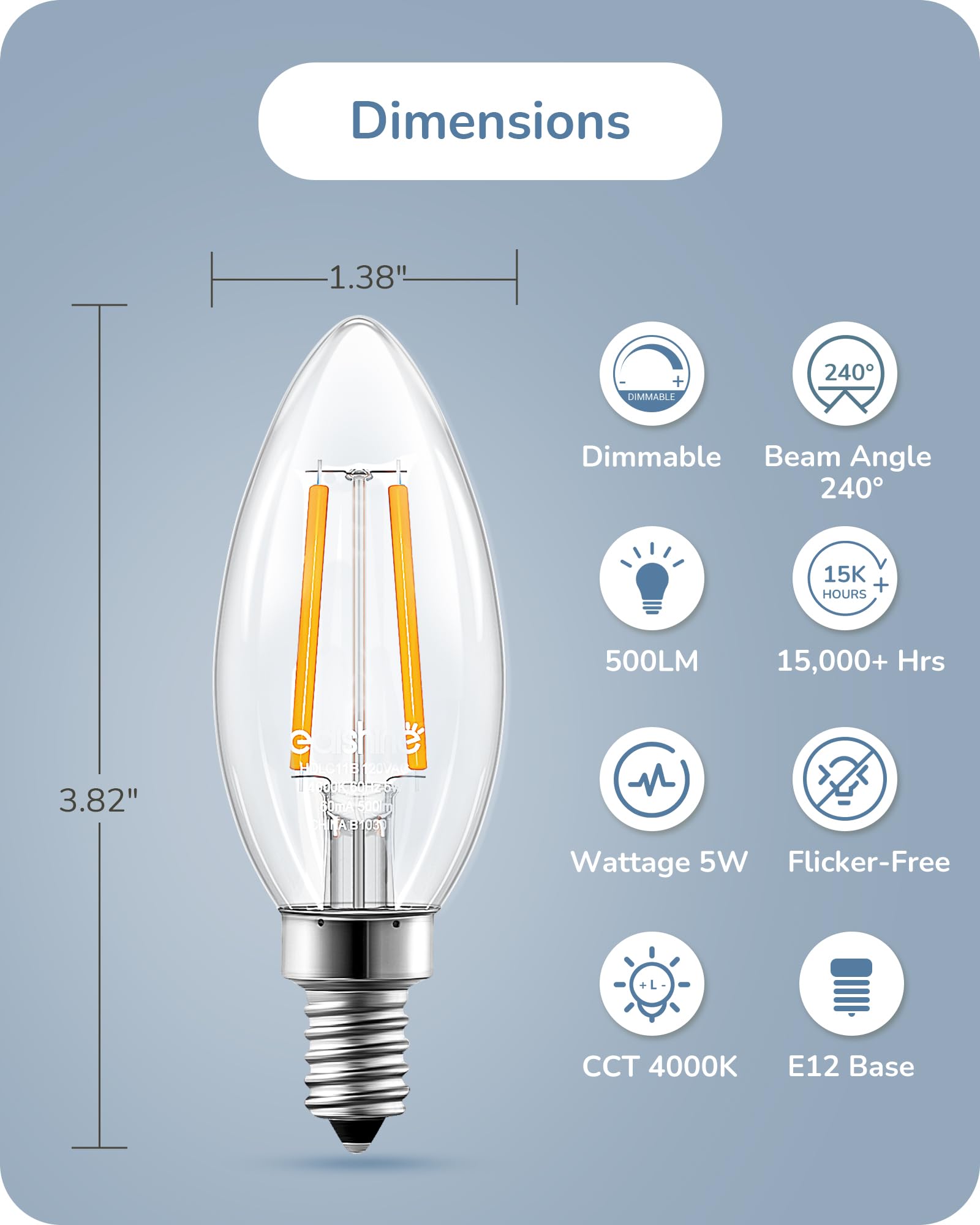Edishine E12 Led Candelabra Bulb, 5W Equivalent 60W 4000K 500Lm Neutral Light, Dimmable Chandelier Light Bulbs, Led Candle Light