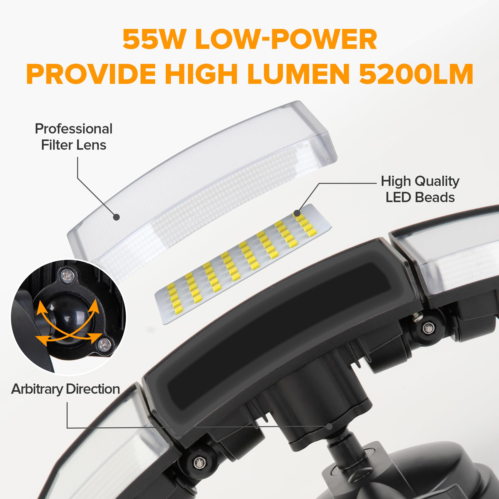 LUTEC 55W LED Flood Light - 5200LM Security Light with 3 Adjustable Heads, IP65 Waterproof, 5000K, Black, Model 7632802012