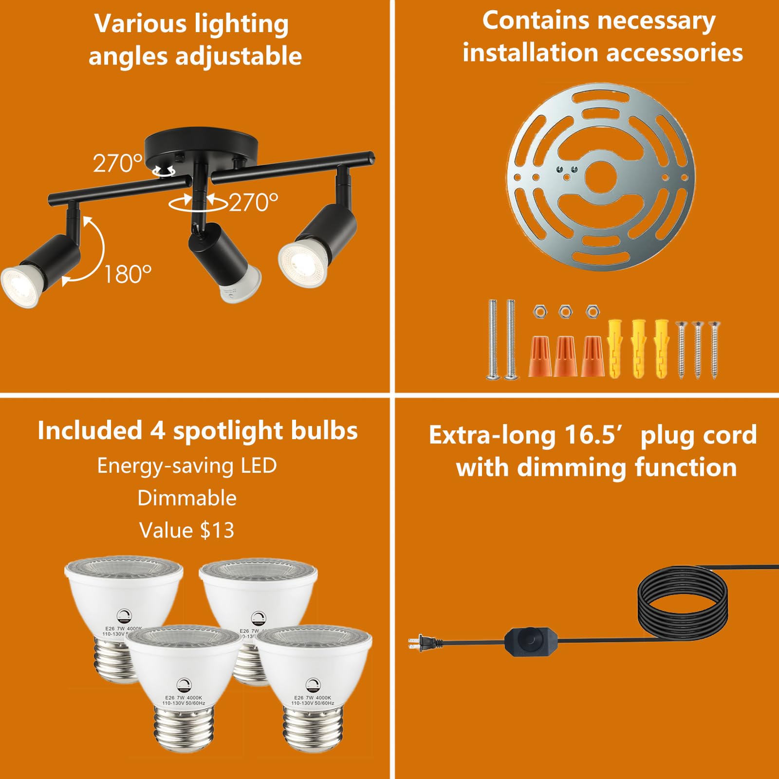 Vivihobb Dimmable Plug In Track Light Black 4 Light Plug In Ceiling Lighting Fixture With 16.4 Long Cord 4 Way Ceiling Spotlight Rotatable Wall Mount Light Head Led Dimmable Spot Bulbs Included