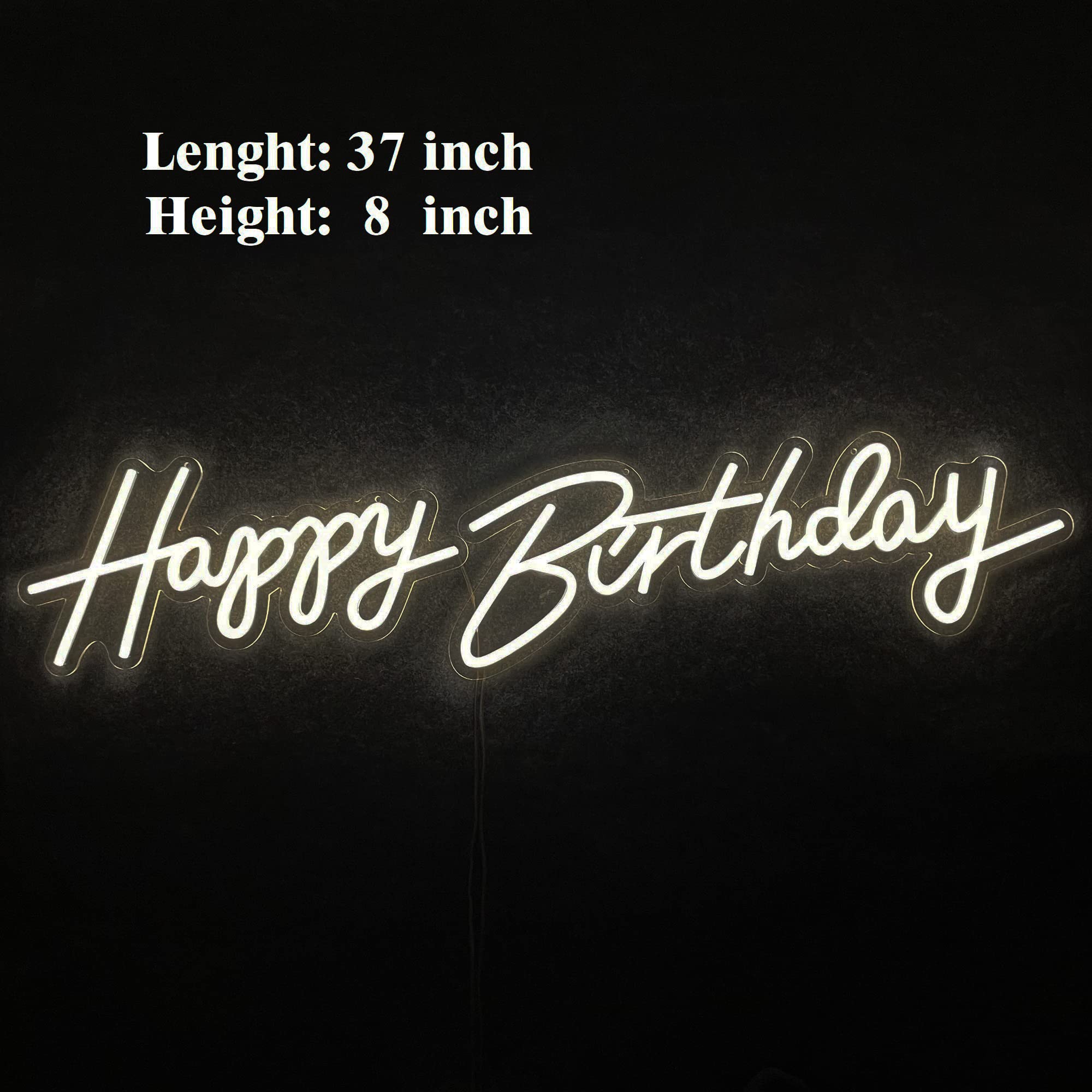 ASIUXIRS Neon Sign - 37x8" Happy Birthday Wall Light, Plastic, White for Bars, Clubs, Bedrooms, Weddings, and Parties