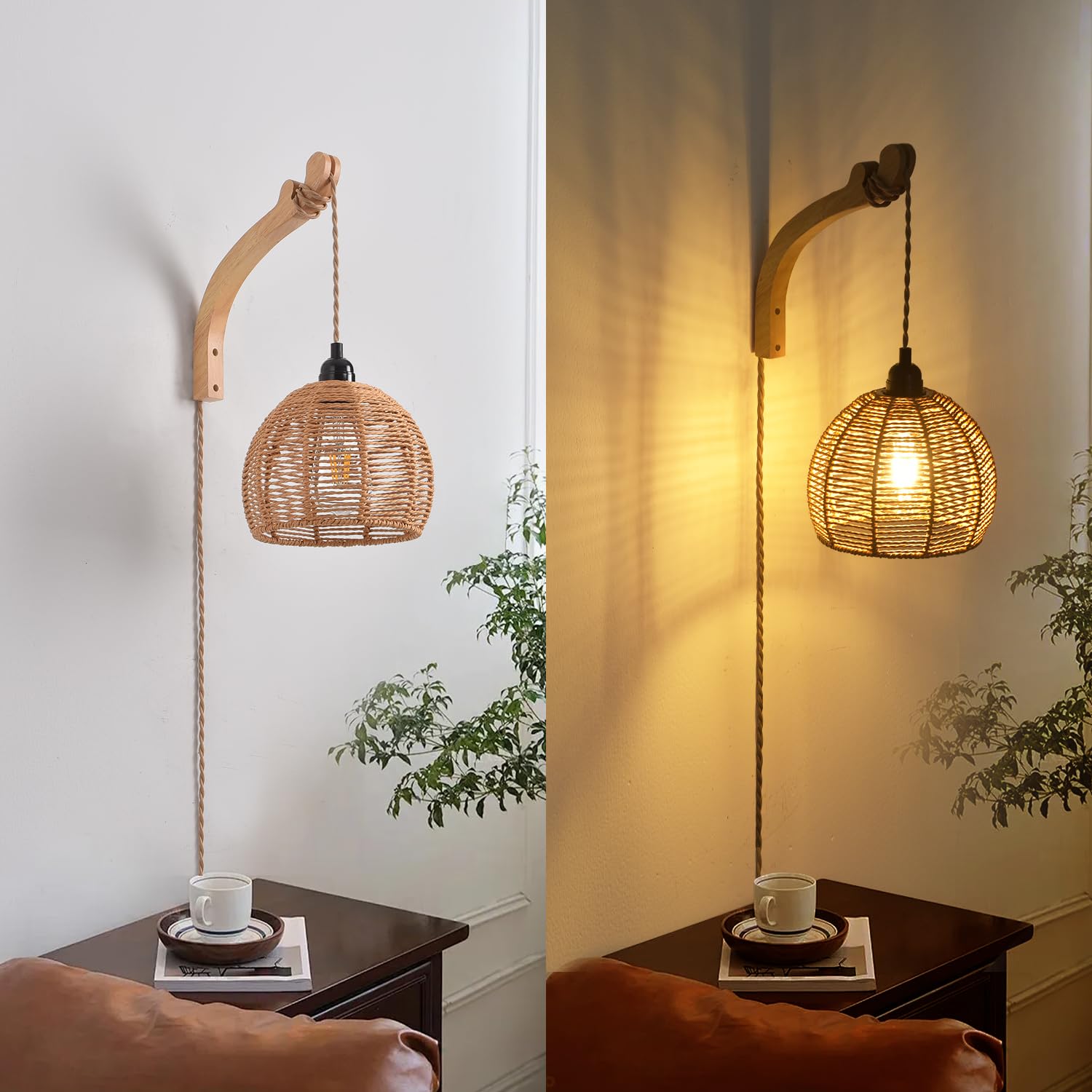 CAFULAM Wicker Wall Sconce - Hand Woven Rattan Plug-in Lamp, Rustic Boho Design, 7.87" Color: Natural, Model WPGSCN, Perfect for Living