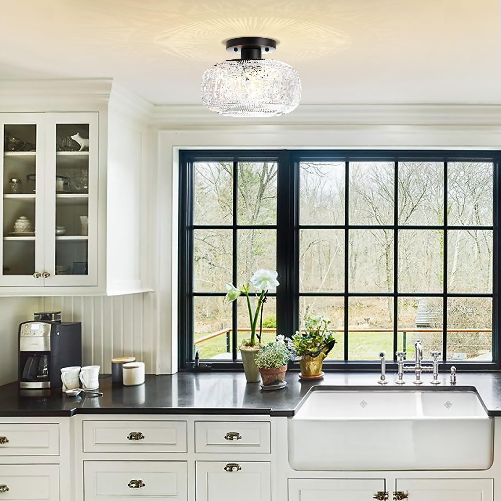 Oykyohei Black Vintage Semi Flush Mount Ceiling Light, Globe Glass Fixture For Home Lighting