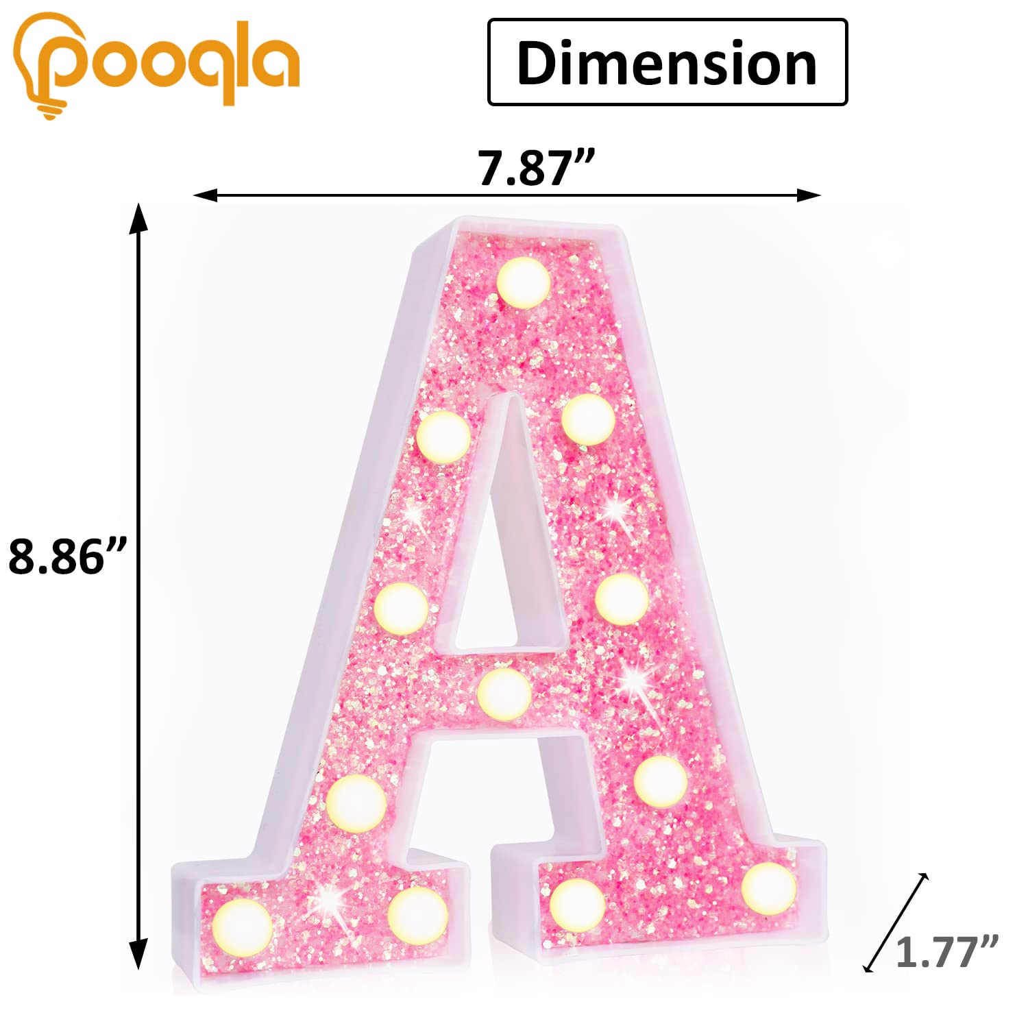 Pooqla LED Marquee Letter Light, Pink Glitter Alphabet Sign, Battery Powered Night Light for Parties & Decor, Sequin Pink Letter A