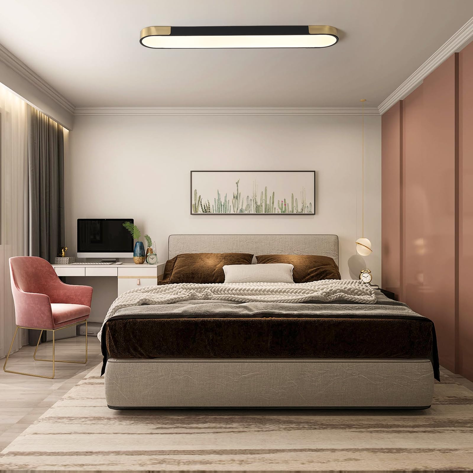 Qcyuui Kitchen Lighting Fixtures Ceiling 39.4 Inch Dimmable Modern Led Ceiling Light Black And Gold Long Linear Ceiling Light Fixture For Office Bedroom Kitchen Hallway (48W/3000-6500K)