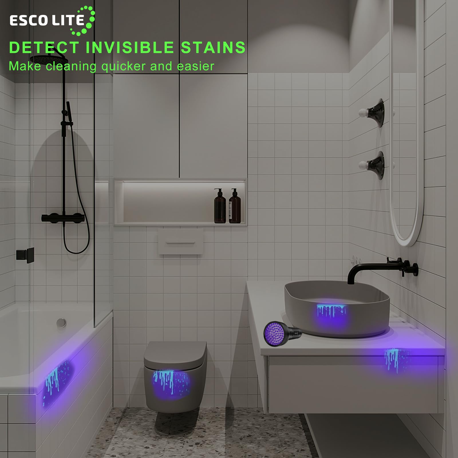 ESCO LITE UV Flashlight, 51 LED 395 nM Black Light Detector for Pet Stains, Model 00F-51UV-001A, Aluminum, Black