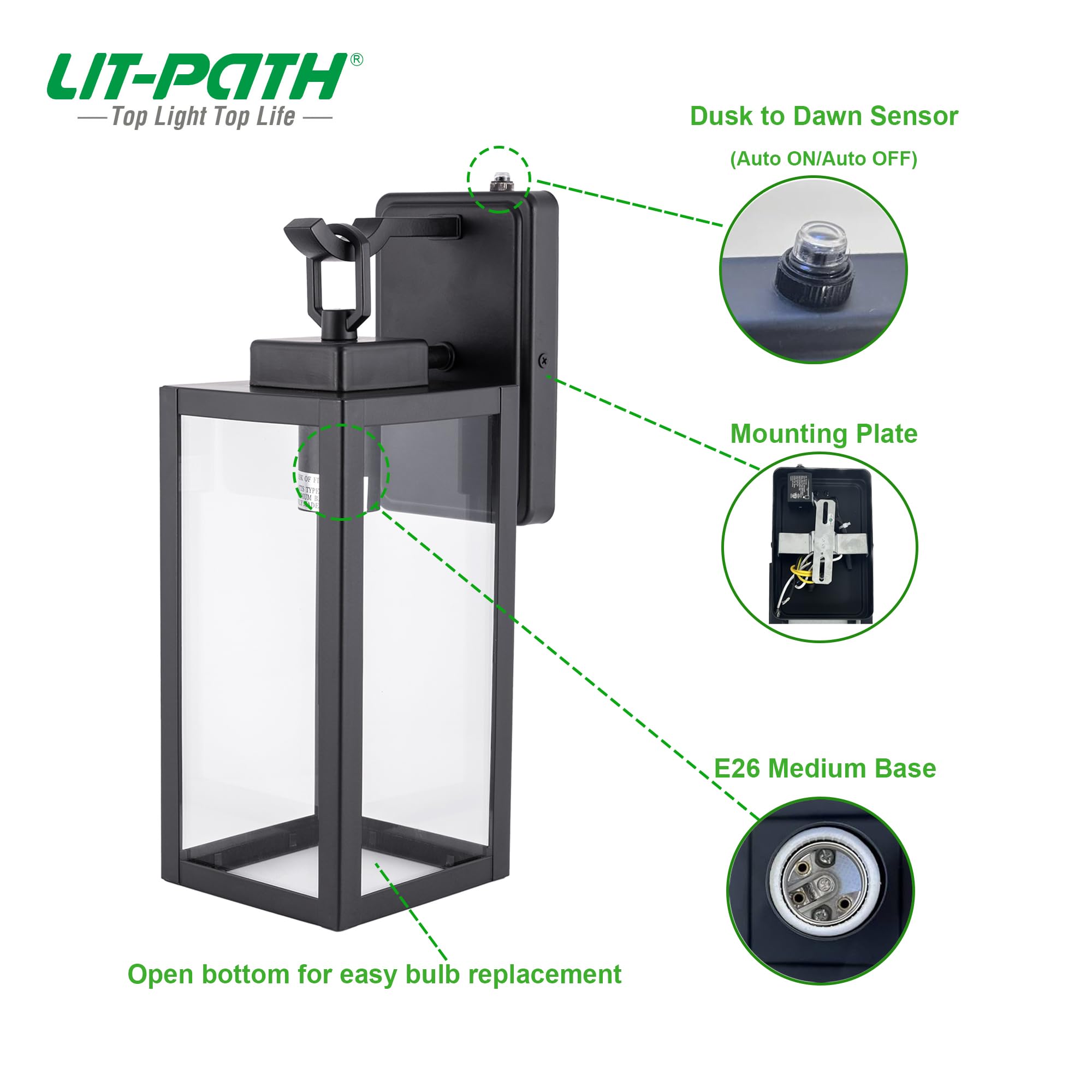 LIT-PaTH Outdoor Wall Lantern, Dusk to Dawn, E26 Max 60W, Anti-Rust Metal, Glass Shade, Black, 1-Pack, Model LT-WL025P