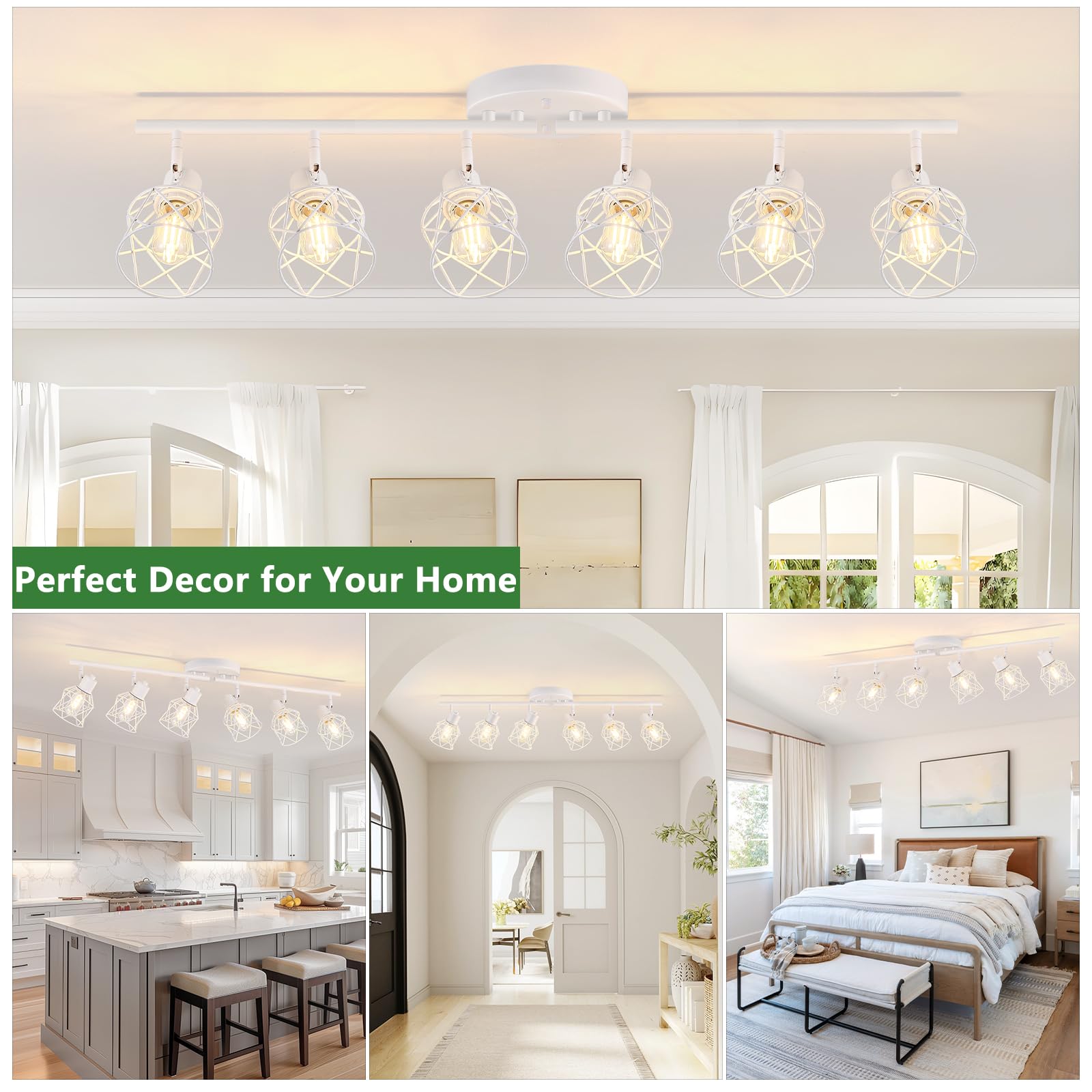 Baocuz 6-Lights White Semi Flush Mount Ceiling Light With Geometric Metal Cage  Modern Kitchen Track Lighting Fixtures Ceiling  Rotatable Close To Ceiling Lamp For Entryway  Living Room  Hallway