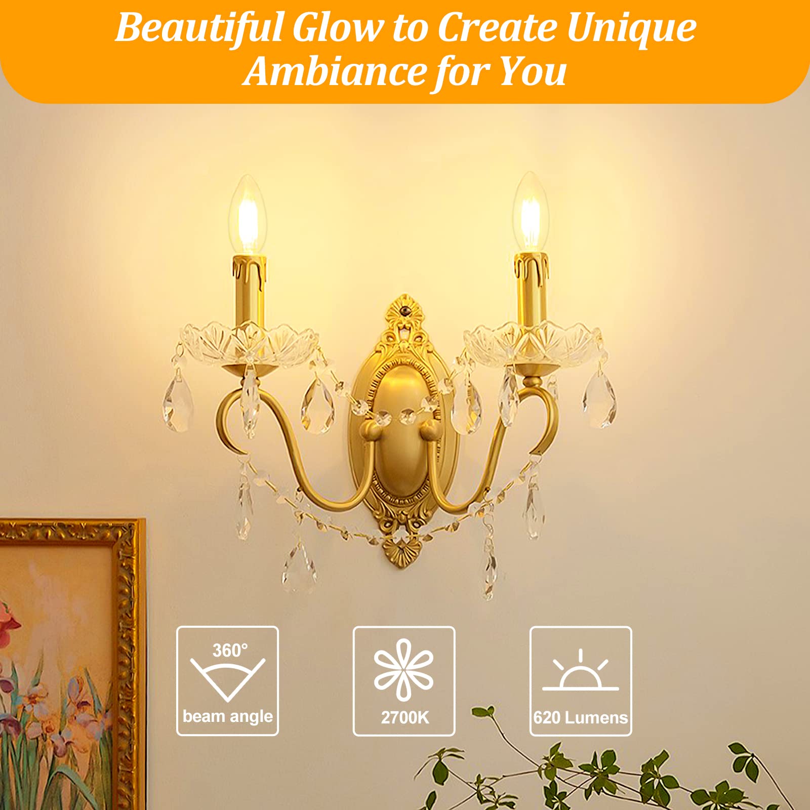 Brightever E12 Candelabra Led Light Bulbs 60W Equivalent, 2700K Soft White, 620Lumens 6W Led Chandelier Bulb, B11 Filament Clear Candle Light Bulbs Non-Dimmable, Pack Of 12 Small Base Bulbs