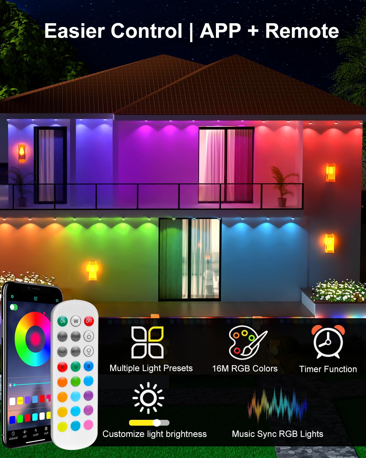 Tropwellhouse 100ft RGB Smart LED Outdoor Lights, IP67 Waterproof, Remote Control, White, Model YM2025-2