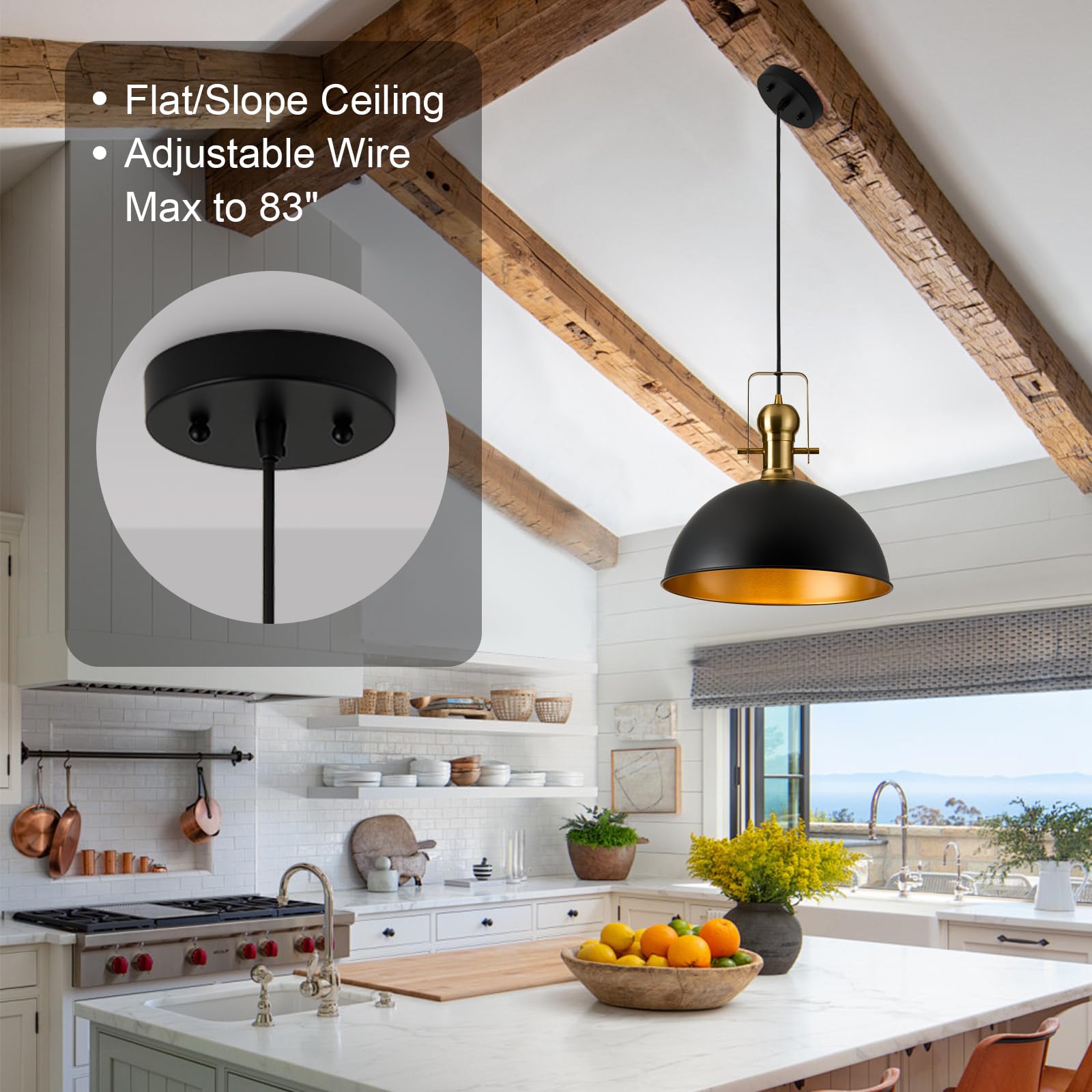 ALAISLYC 12 Inch Black Farmhouse Pendant Light, Metal Vintage Dome Fixture, Adjustable Height, 1-Pack