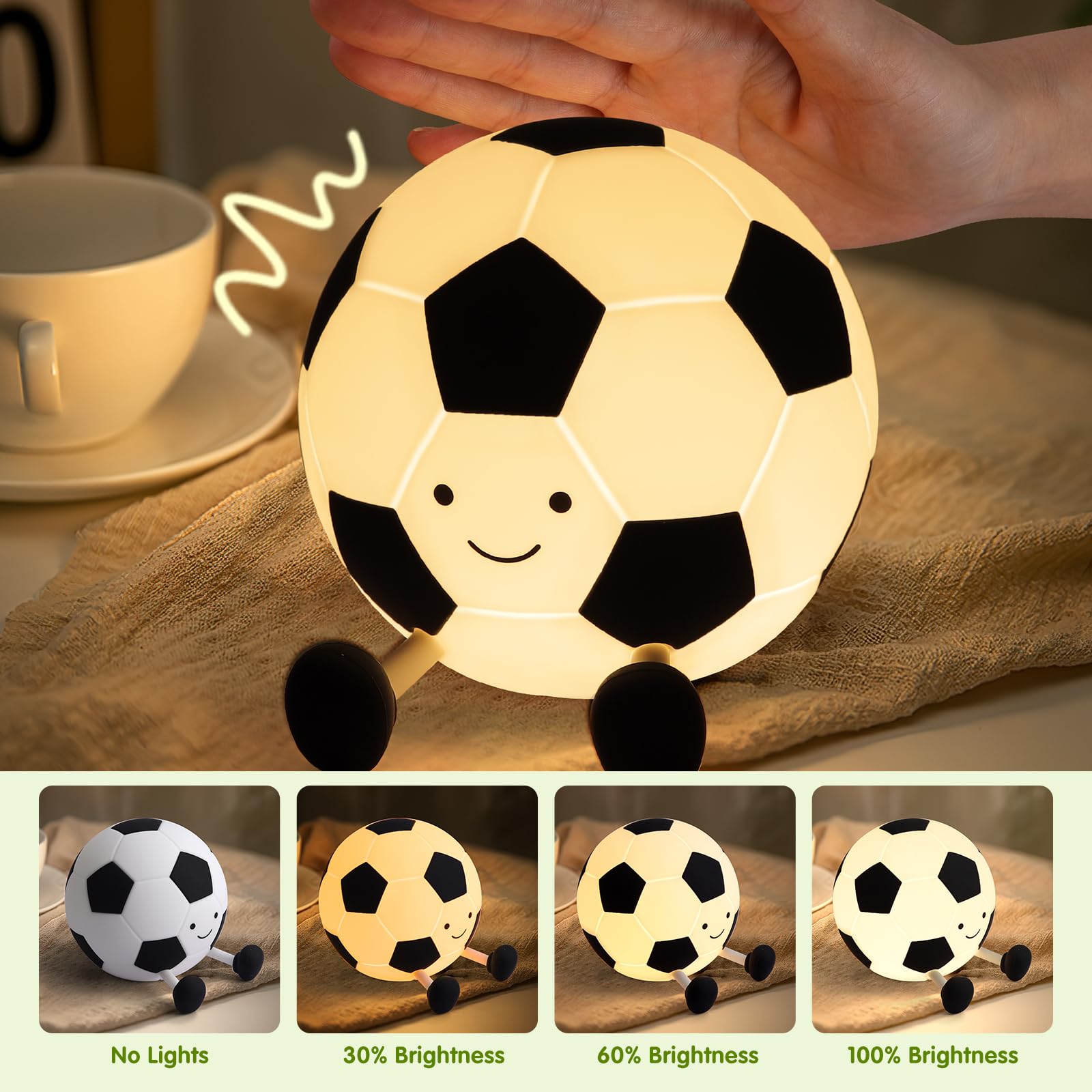 YISUN Soccer Night Light Lamp - Dimmable, Rechargeable, Silicone - Model A032, Home Decor for Kids