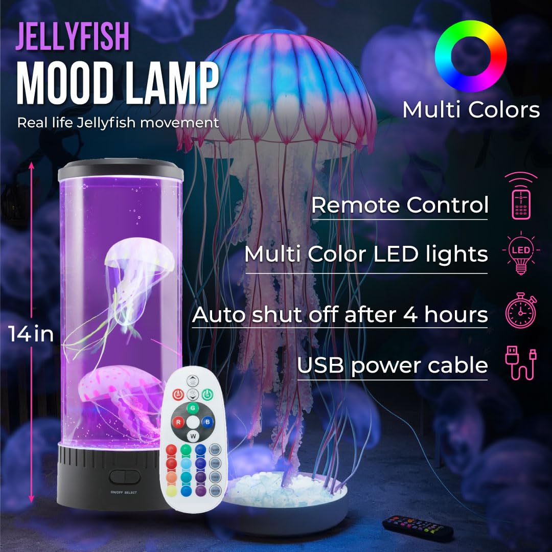 Wireless Express Jellyfish Mood Lamp - 14 Inch, LED Lights, Multicolor, Model JELLYFISH14, Remote Control, Auto Shut Off