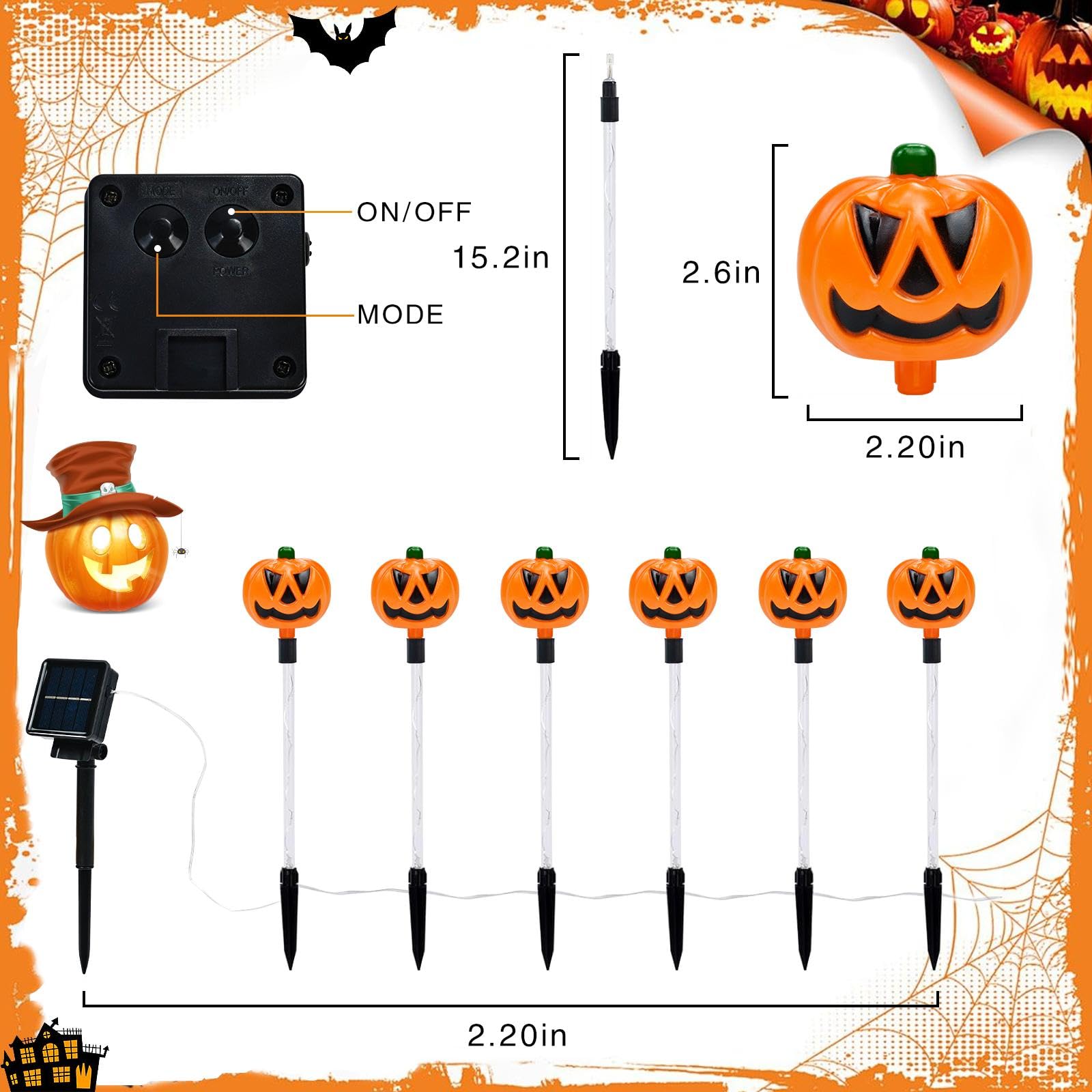 HRFGWDD 6-Pack Solar Pumpkin Garden Lights, Waterproof, 8-Mode, 17.8 in, Multicolor