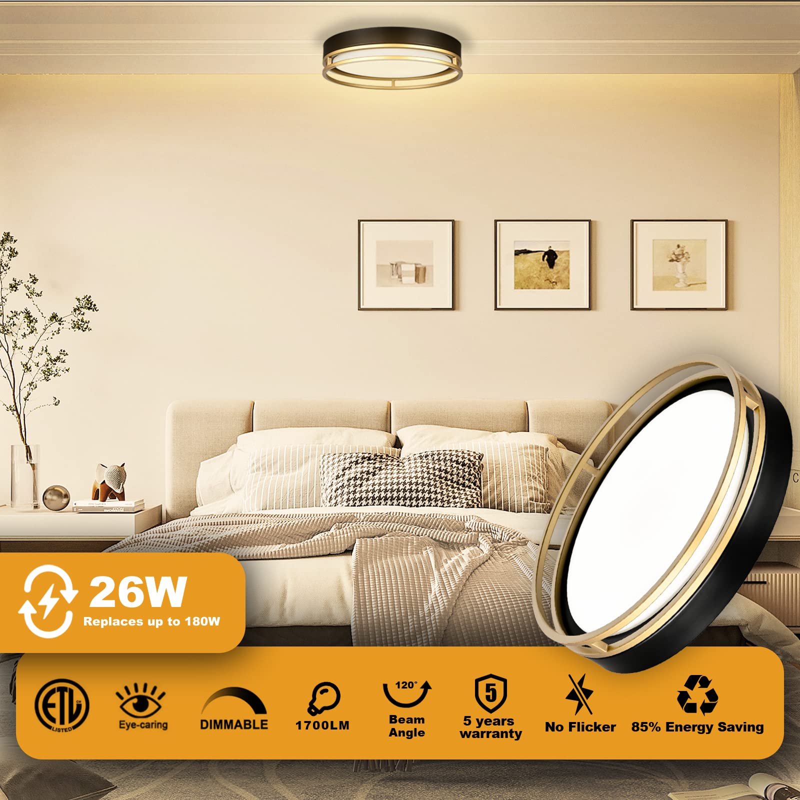 Flynix LED Flush Mount Ceiling Light, 26W, 1700 Lumens, Dimmable, 12.5 Inch, Black Gold, Model PL-LF132B13