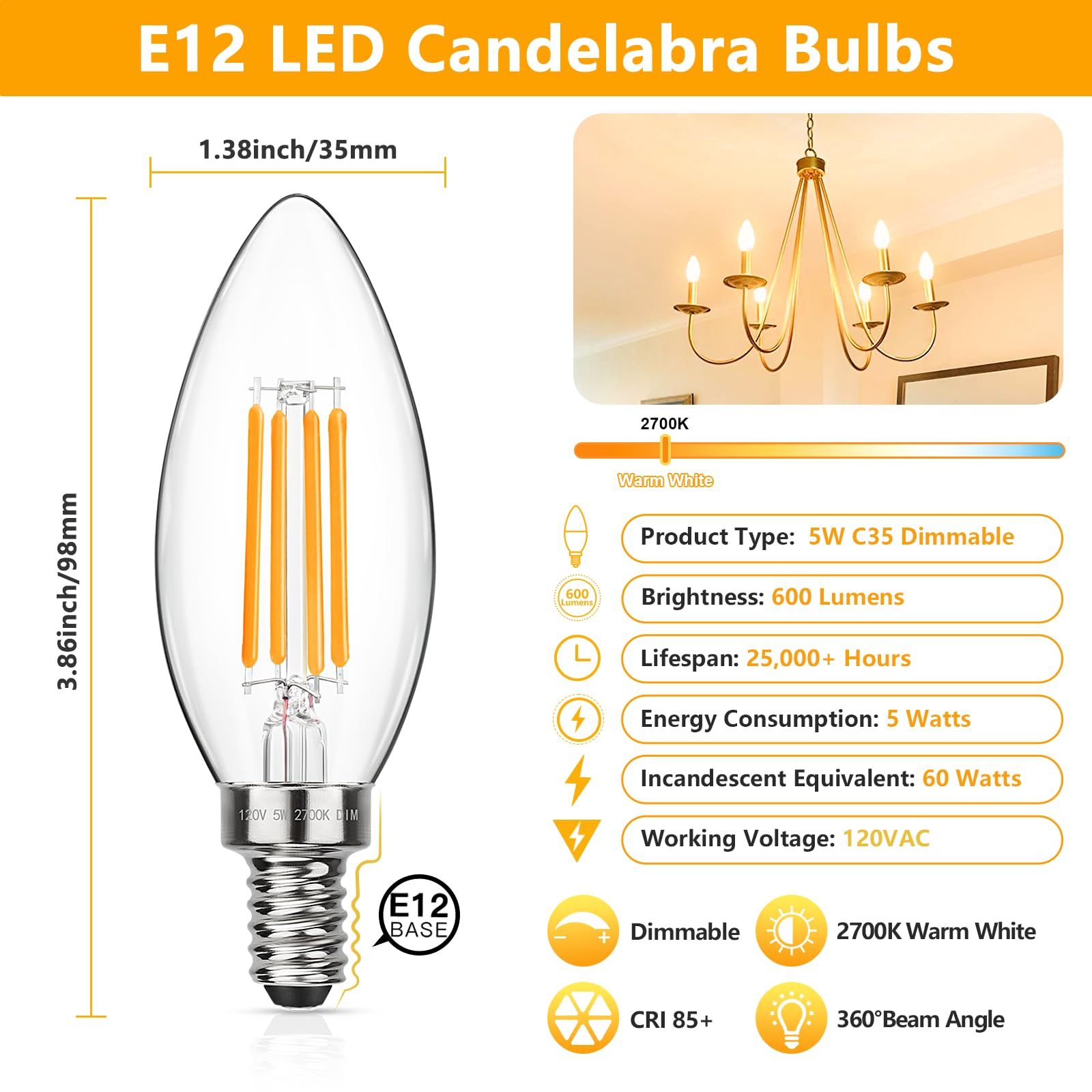 Maxvolador Dimmable E12 Led Candelabra Bulbs 60W Equivalent, Warm White 2700K, 600Lm Chandelier Light Bulb, B11 Led Candle Light