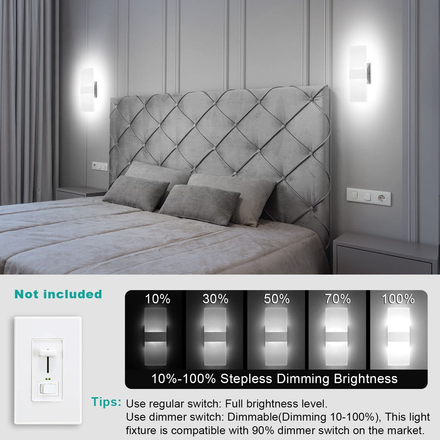 TRLIFE Modern Wall Sconces Set of 2, Dimmable 12W 6000K Cool White Hardwired Lighting, Silver Brushed Aluminum for Bedroom & Living Room