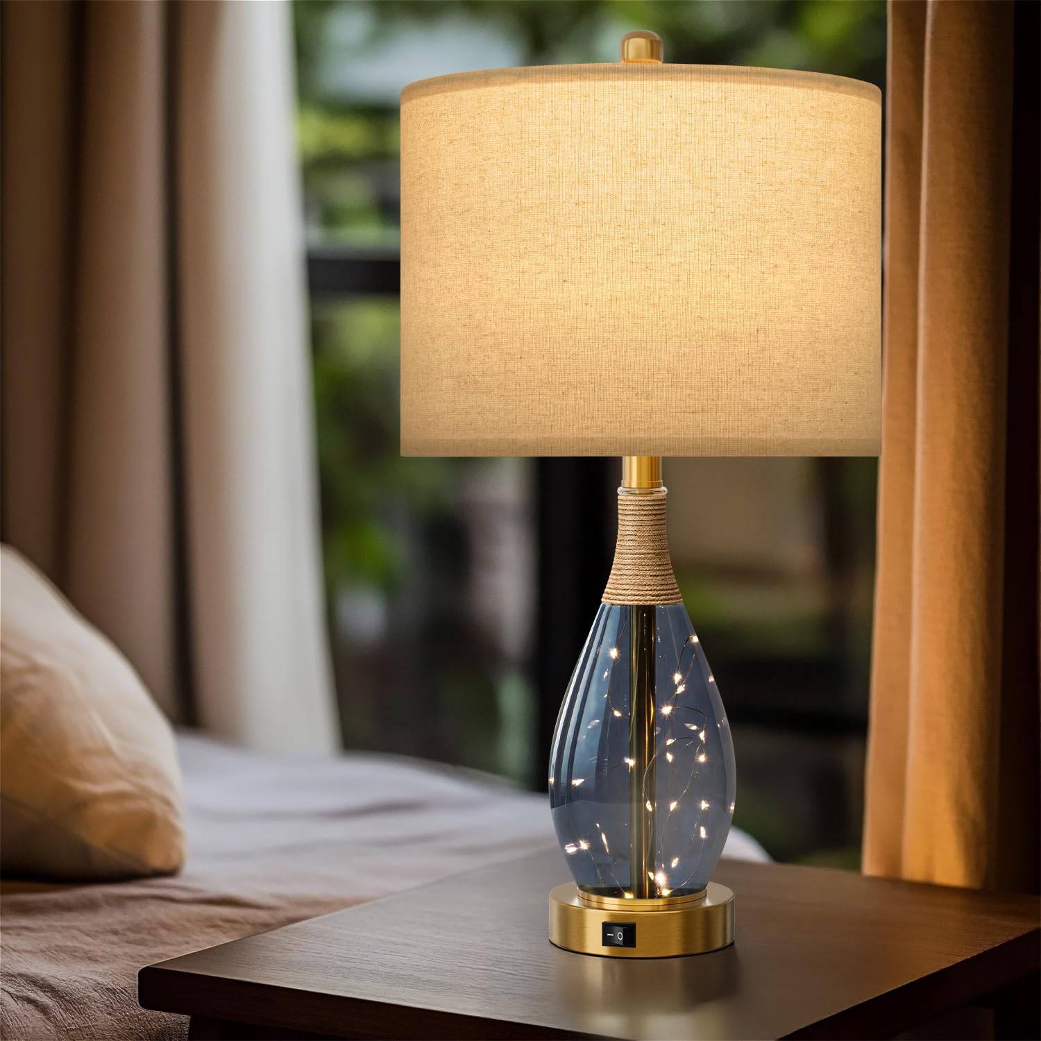 OYEARS 23" Blue Table Lamps Set of 2 - Rattan Boho Design, Glass Nightlight, USB C+A, Model AMZ-T1140BL-U