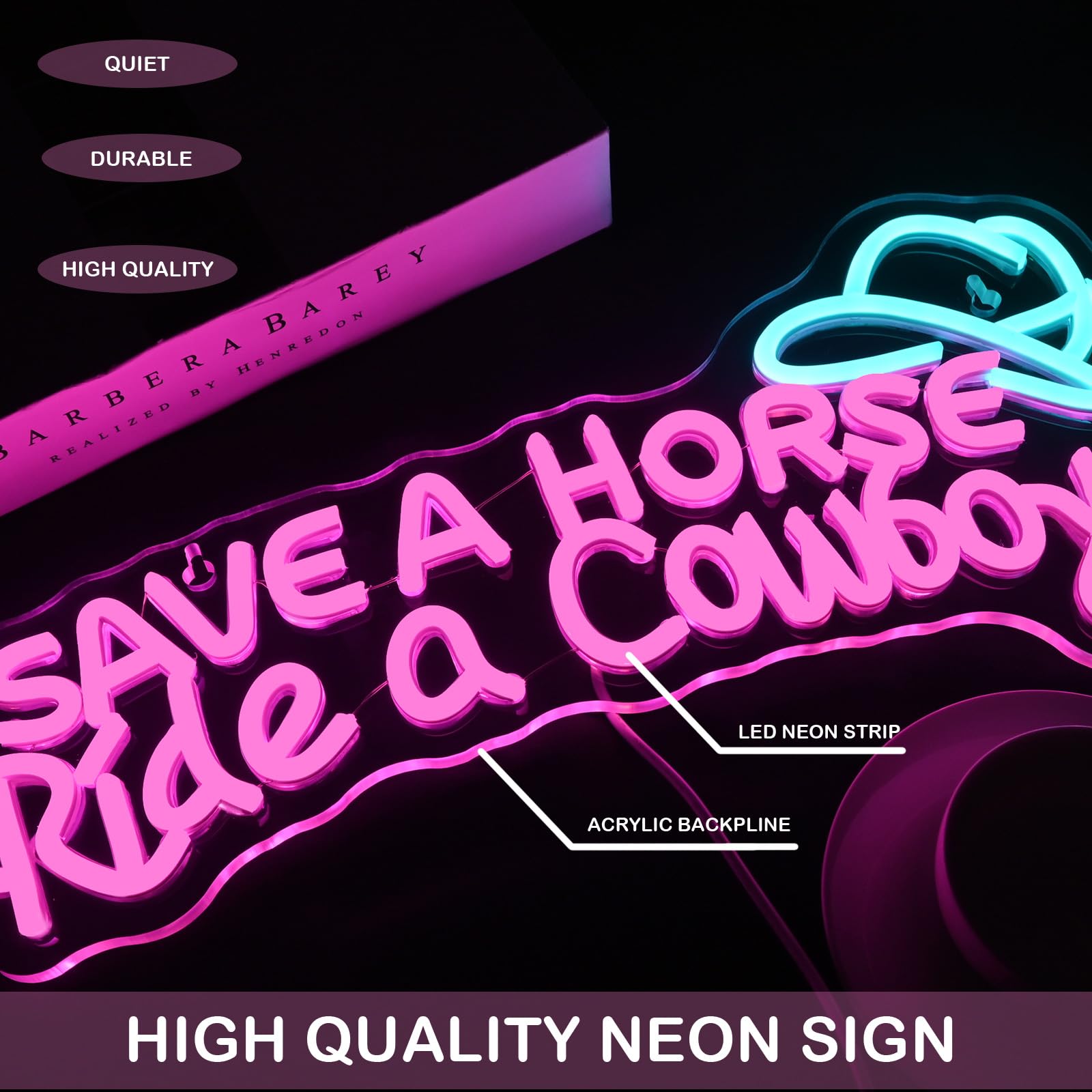 DREAMFORT LED Neon Sign - Save A Horse Ride A Cowboy, USB Powered, Adjustable Brightness, 42x18.5cm, Acrylic Wall Decor