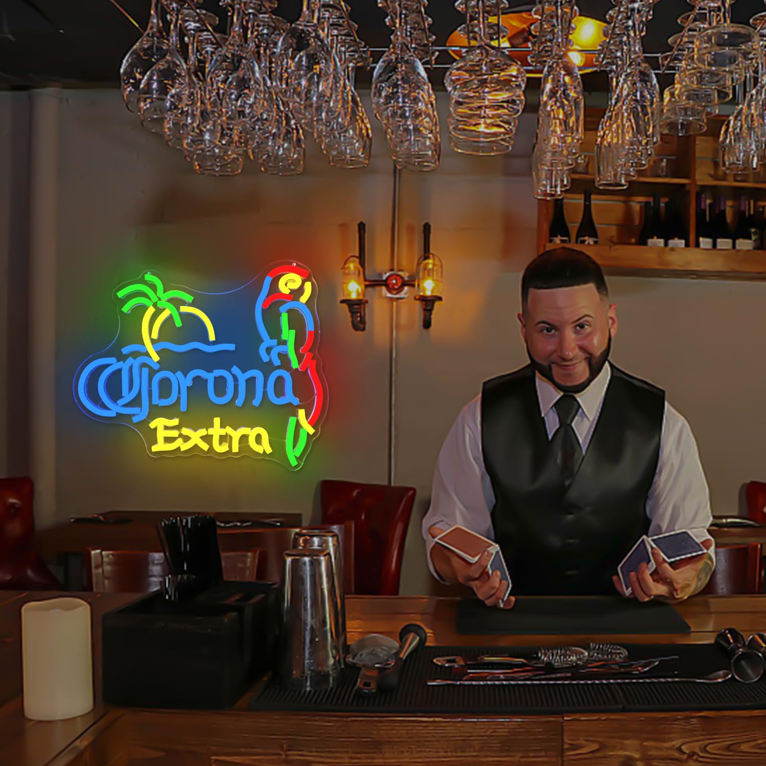 Jooetuu Parrot Beer Neon Sign Dimmable Beer Palm Tree Neon Light Signs For Wall Decor Sunrise Sunset Neon Beer Sign For Home Bar Man Cave Beer Club Pub Bistro