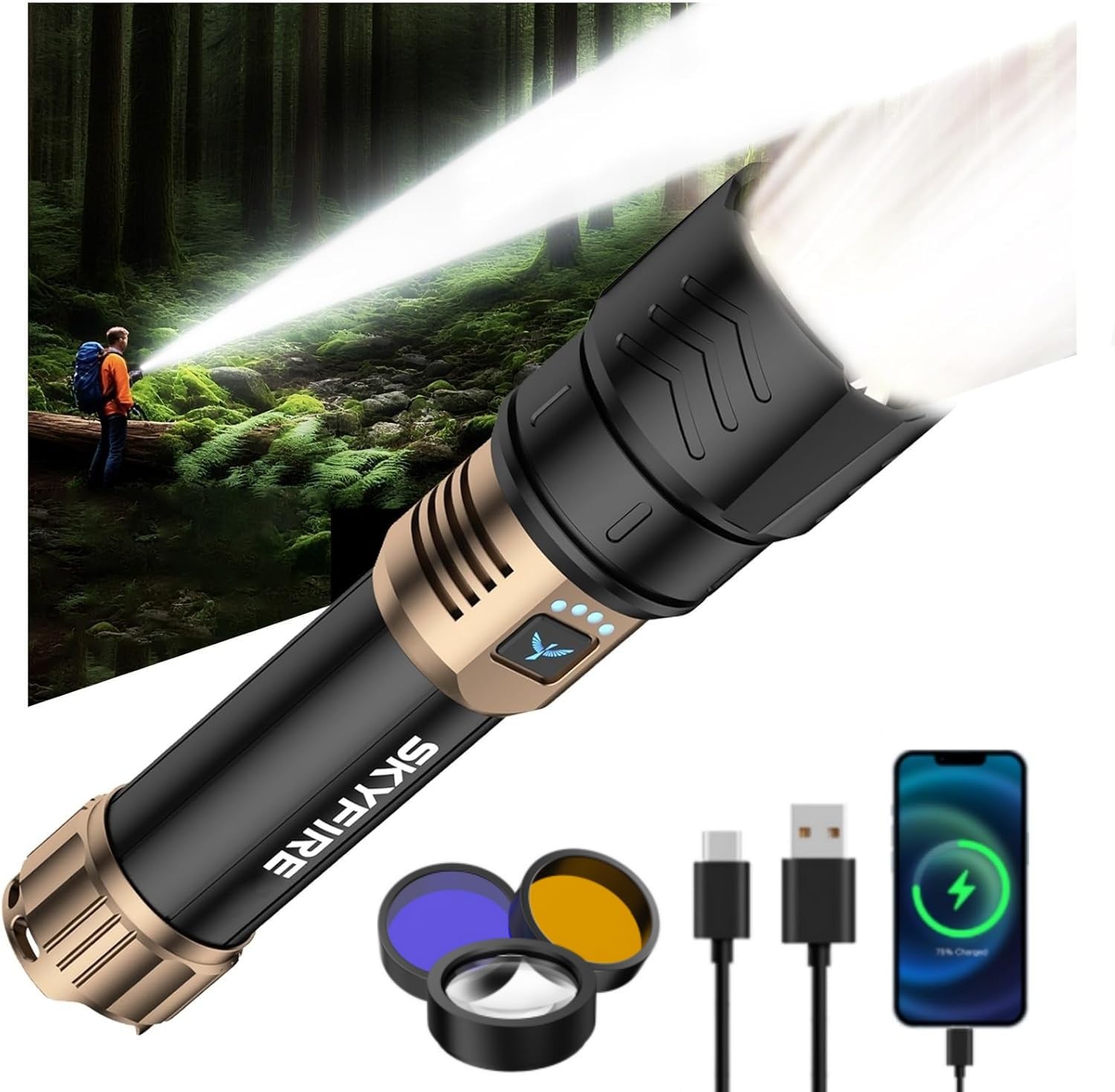 SKYFIRE LED Flashlights High Lumens with Ignition Lens&Color-Changing Yellow/Blue Lenses,2000lm Super Bright Rechargeable,Zoomab